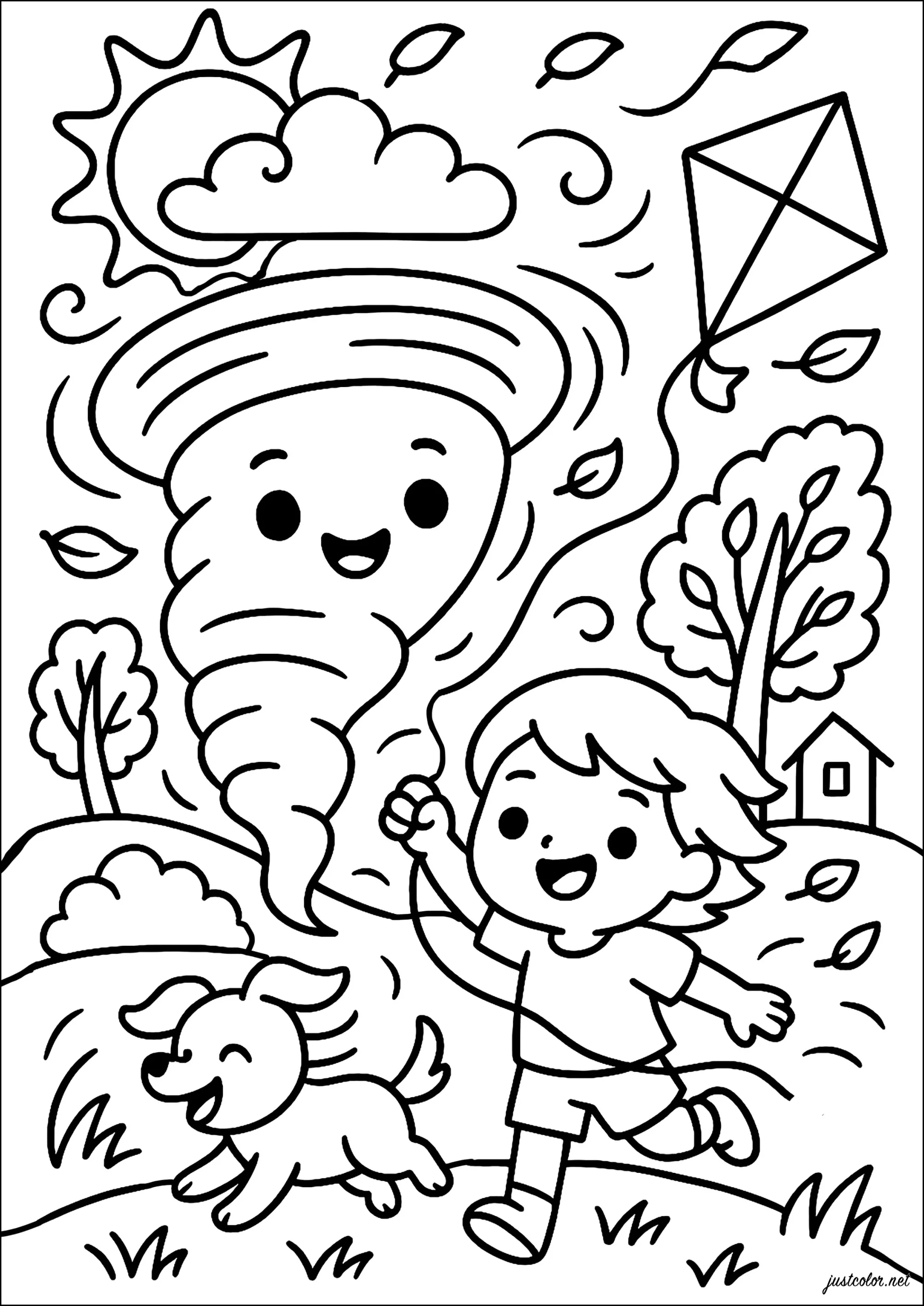 Tornado sorridente e menino jovem (Página para colorir e imprimir para crianças)