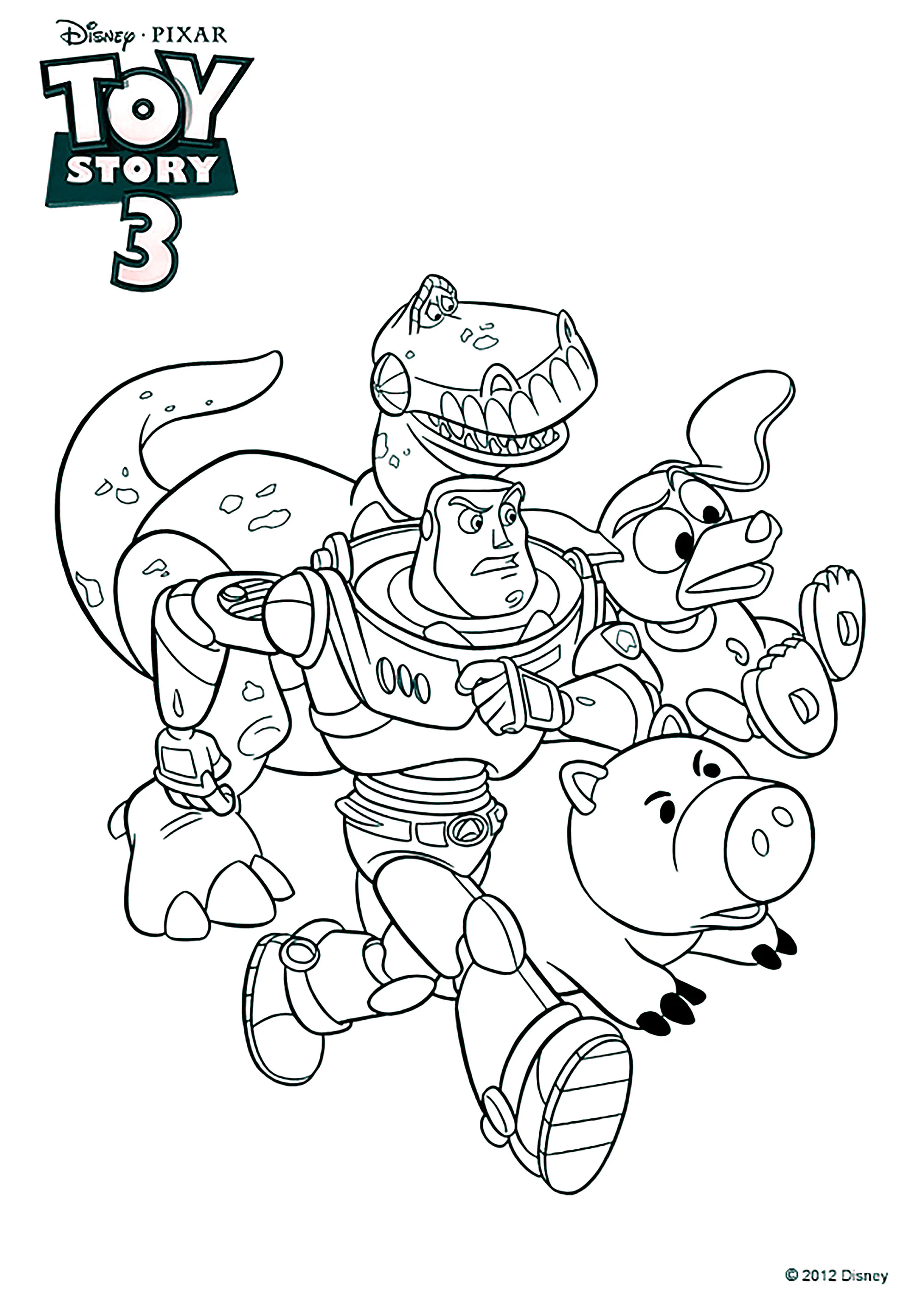 Buzz e os seus companheiros (Página de Toy Story 3 para colorir e imprimir para crianças)