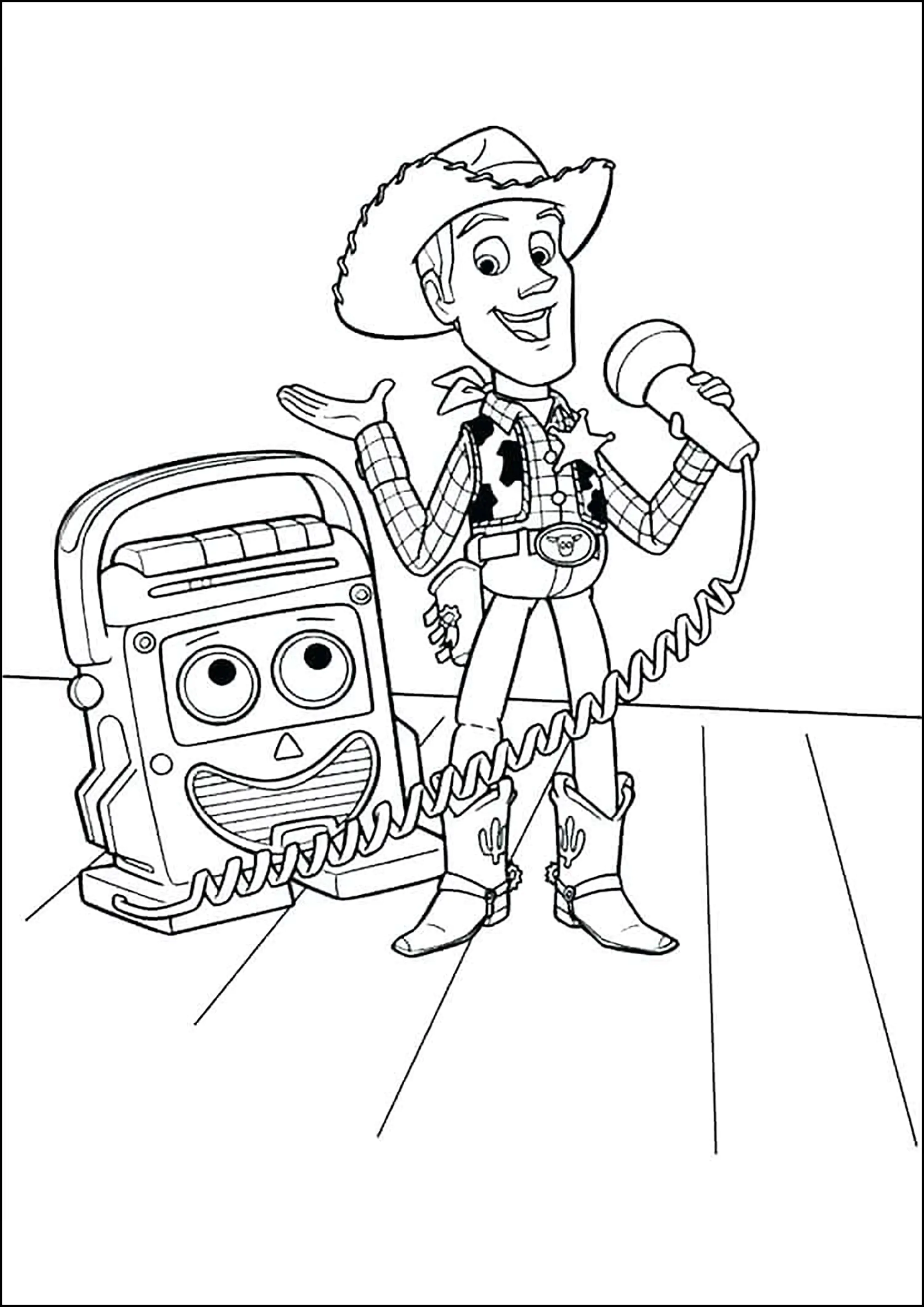 Woody canta com o seu amigo gravador de cassetes (Página de Toy Story para colorir e imprimir para crianças)