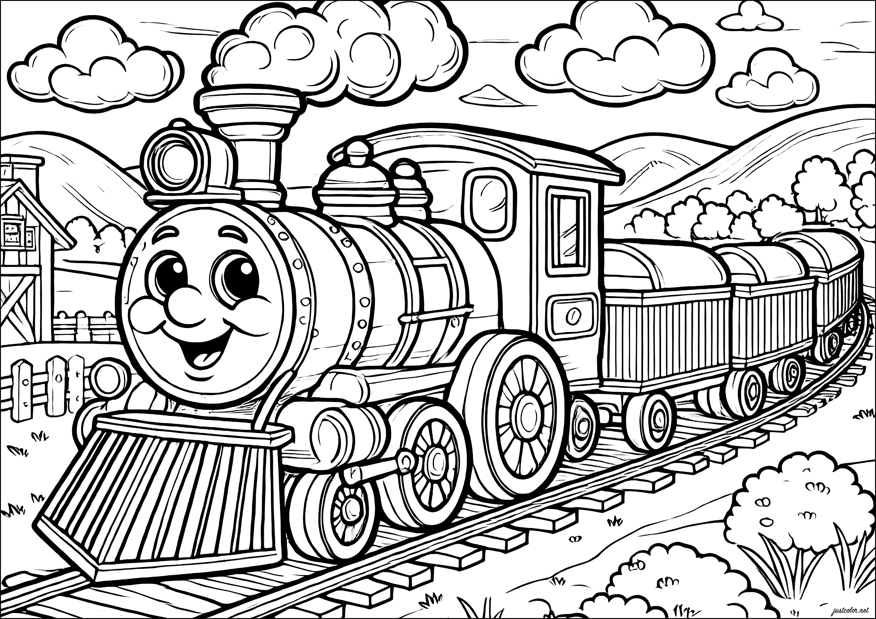 Um comboio bonito com um rosto sorridente (Página de Transporte para colorir e imprimir para crianças)