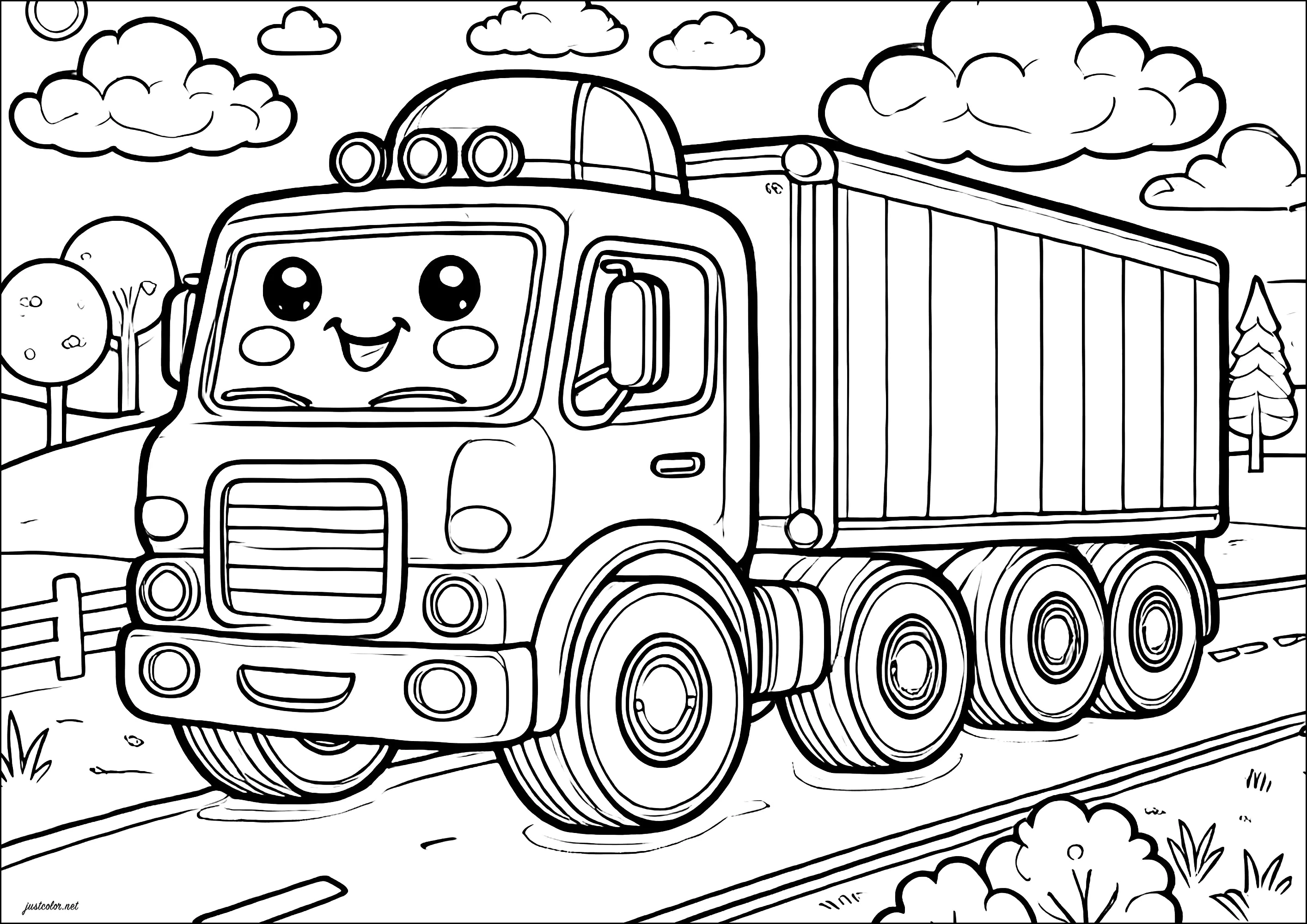 Camião com uma cara sorridente (Página de Transporte para colorir e imprimir para crianças)
