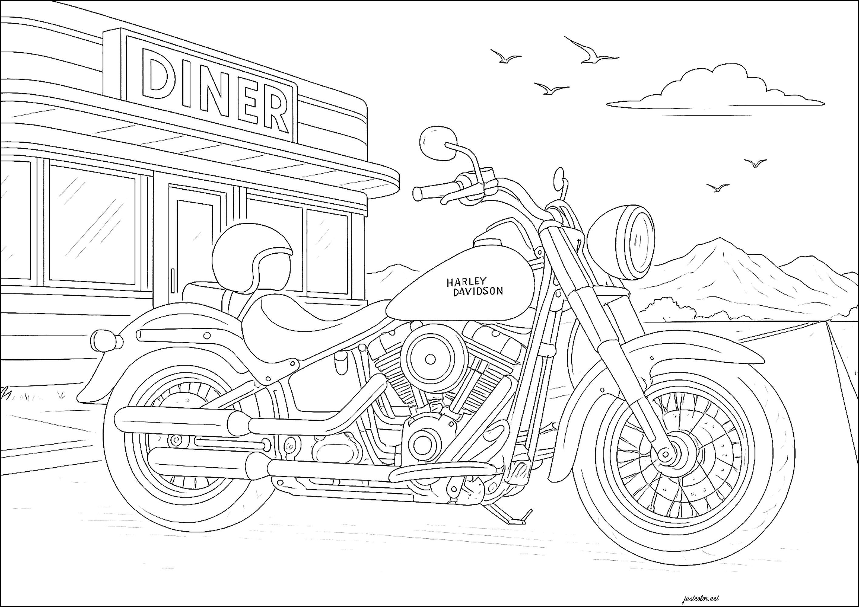 Harley Davidson na frente de um restaurante americano (Página de Transporte para colorir e imprimir para crianças)