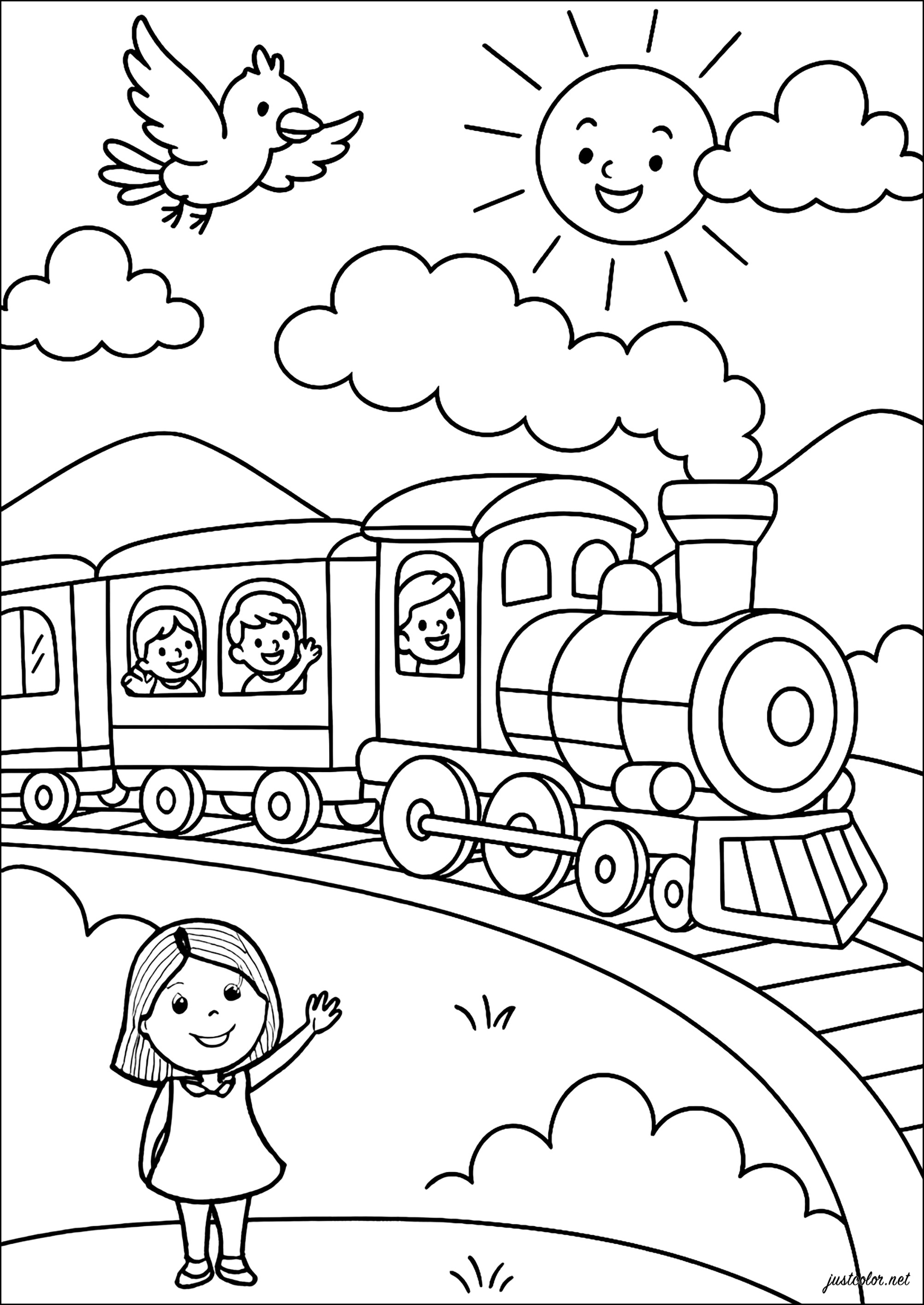 O alegre trem a vapor (Página de Transporte para colorir e imprimir para crianças)