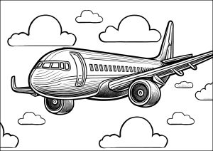 Página de Transporte para colorir e imprimir para crianças : Grande avião no céu, com nuvens