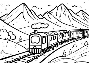 Página de Transporte para colorir e imprimir para crianças : Comboio nas montanhas, num estilo de desenho muito infantil