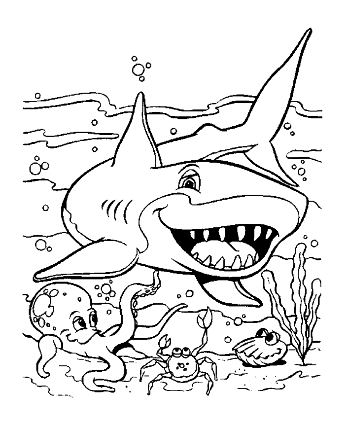 Tubarão engraçado para imprimir e colorir