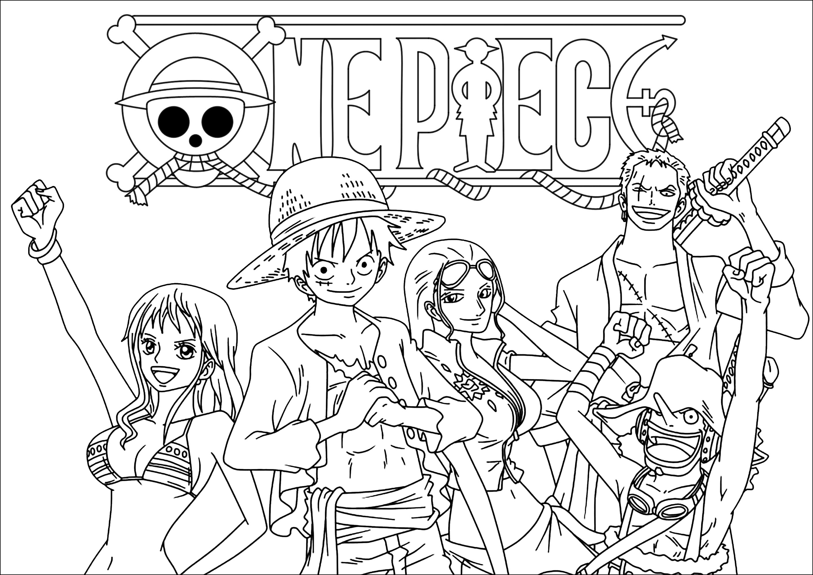 Personnages de Uma pedaço et Logo. Cor em Monkey D. Luffy, Roronoa Zoro, Nami e outras personagens.