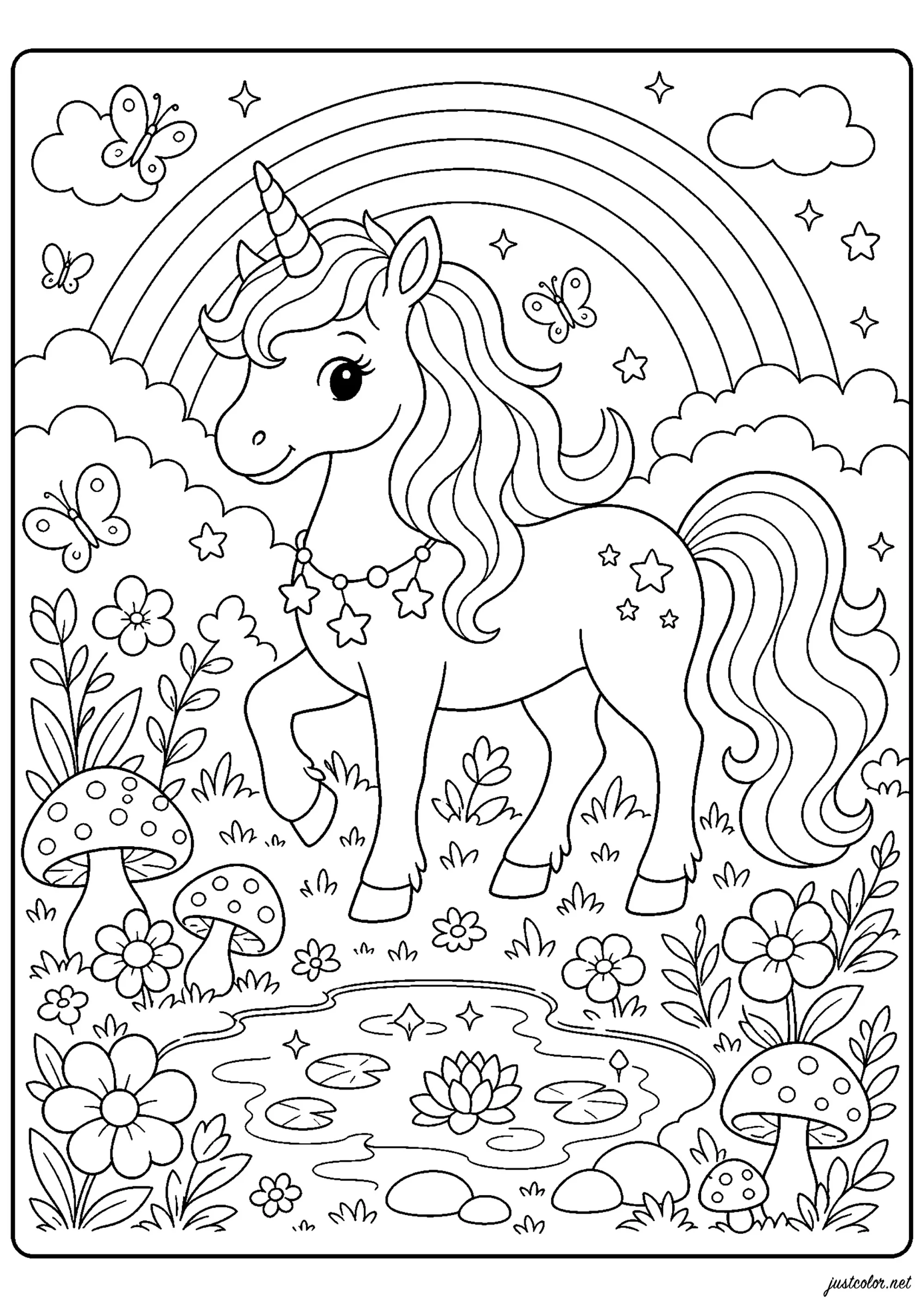 Sonho encantado de um unicórnio alegre (Página para colorir e imprimir para crianças)