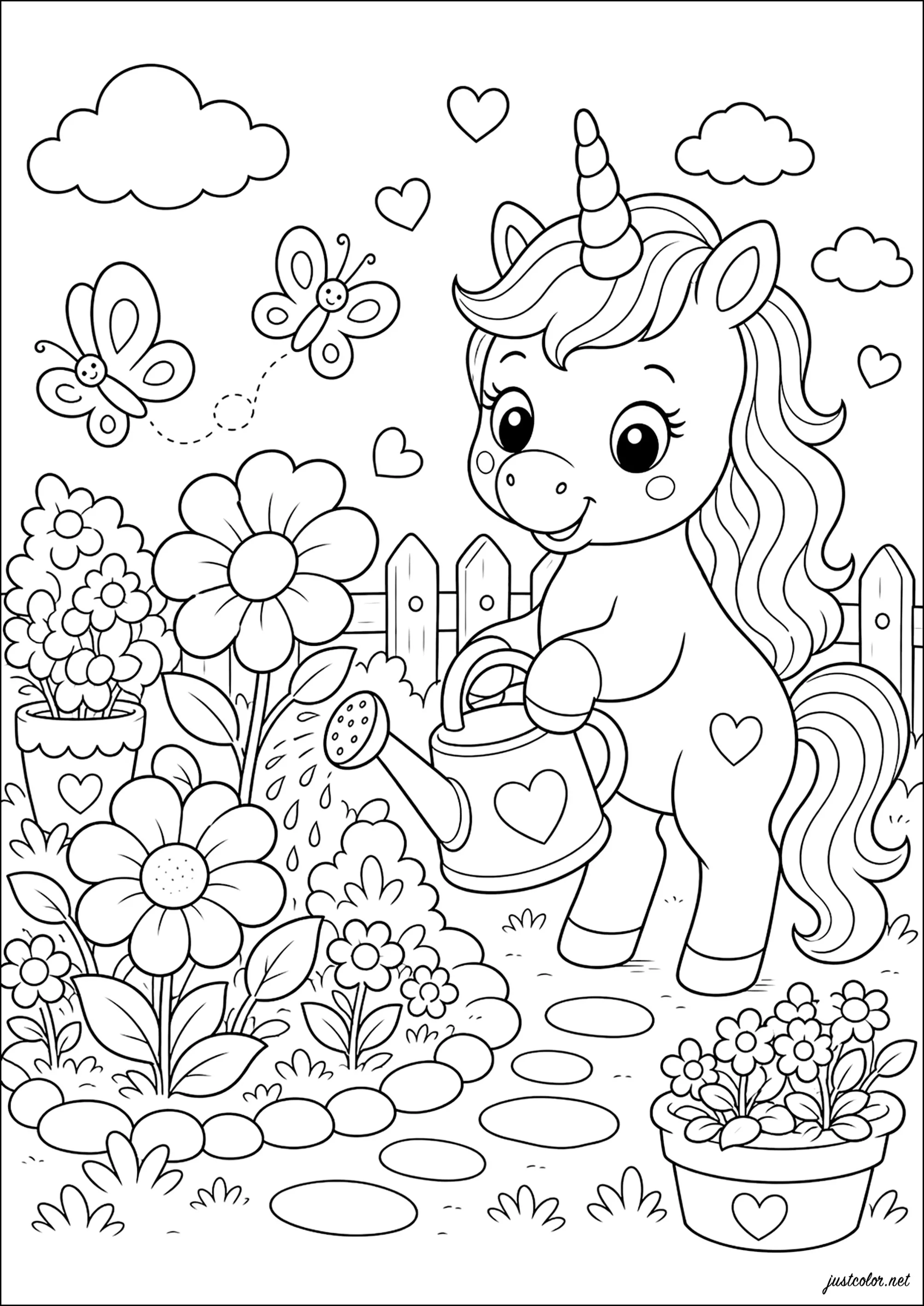 Unicórnio regando suas flores em seu jardim (Página para colorir e imprimir para crianças)