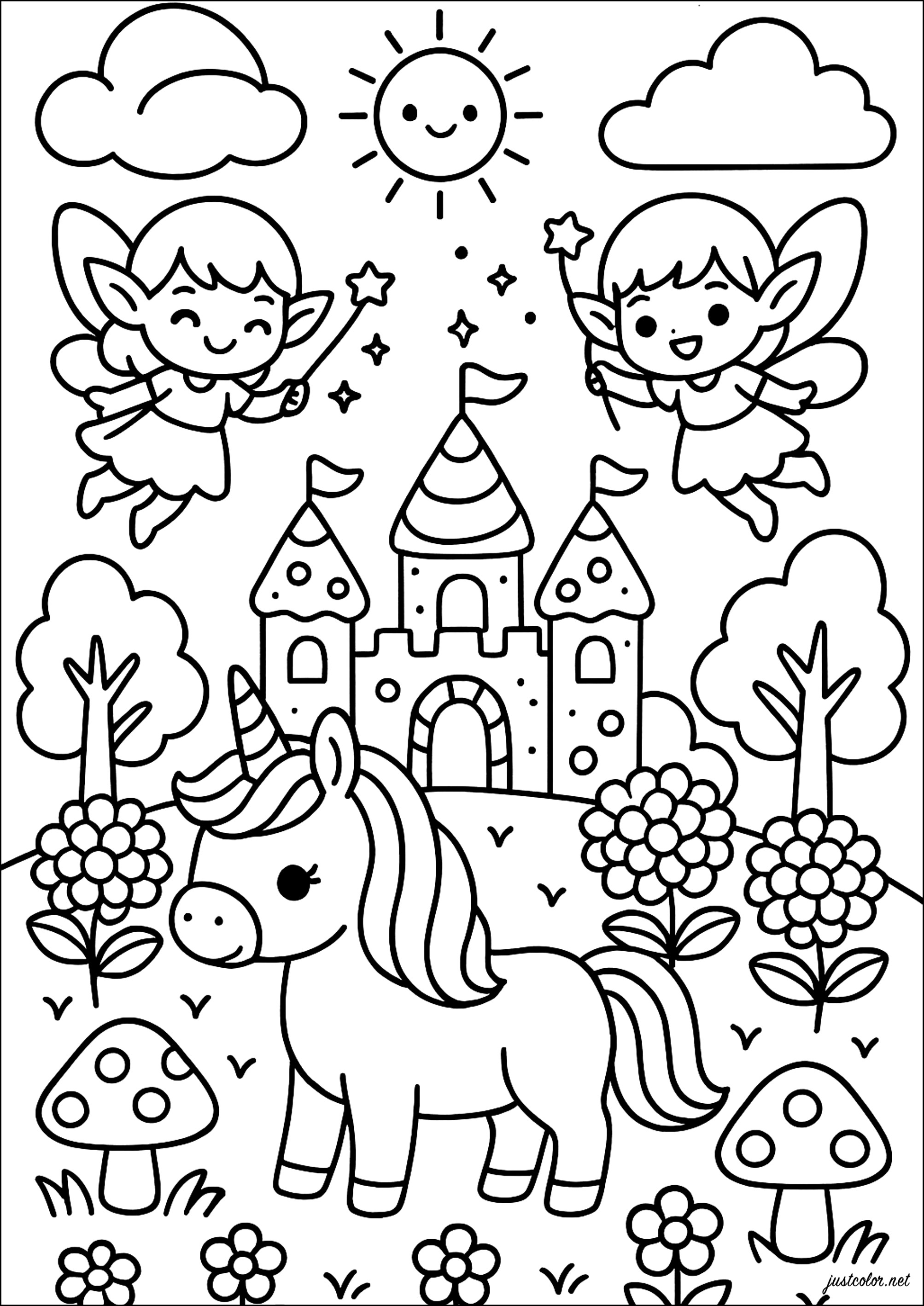Pequenas fadas voando sobre um castelo e um unicórnio (Página para colorir e imprimir para crianças)