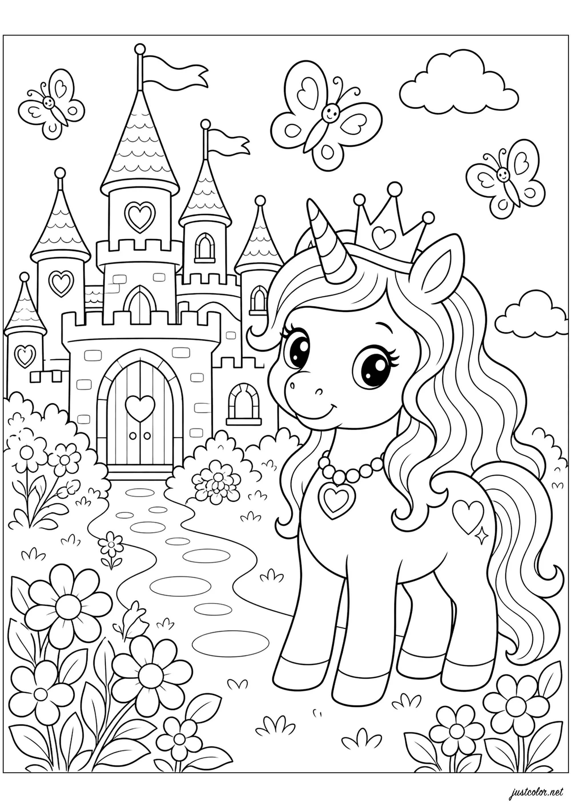 Castelo encantado e unicórnio real (Página para colorir e imprimir para crianças)