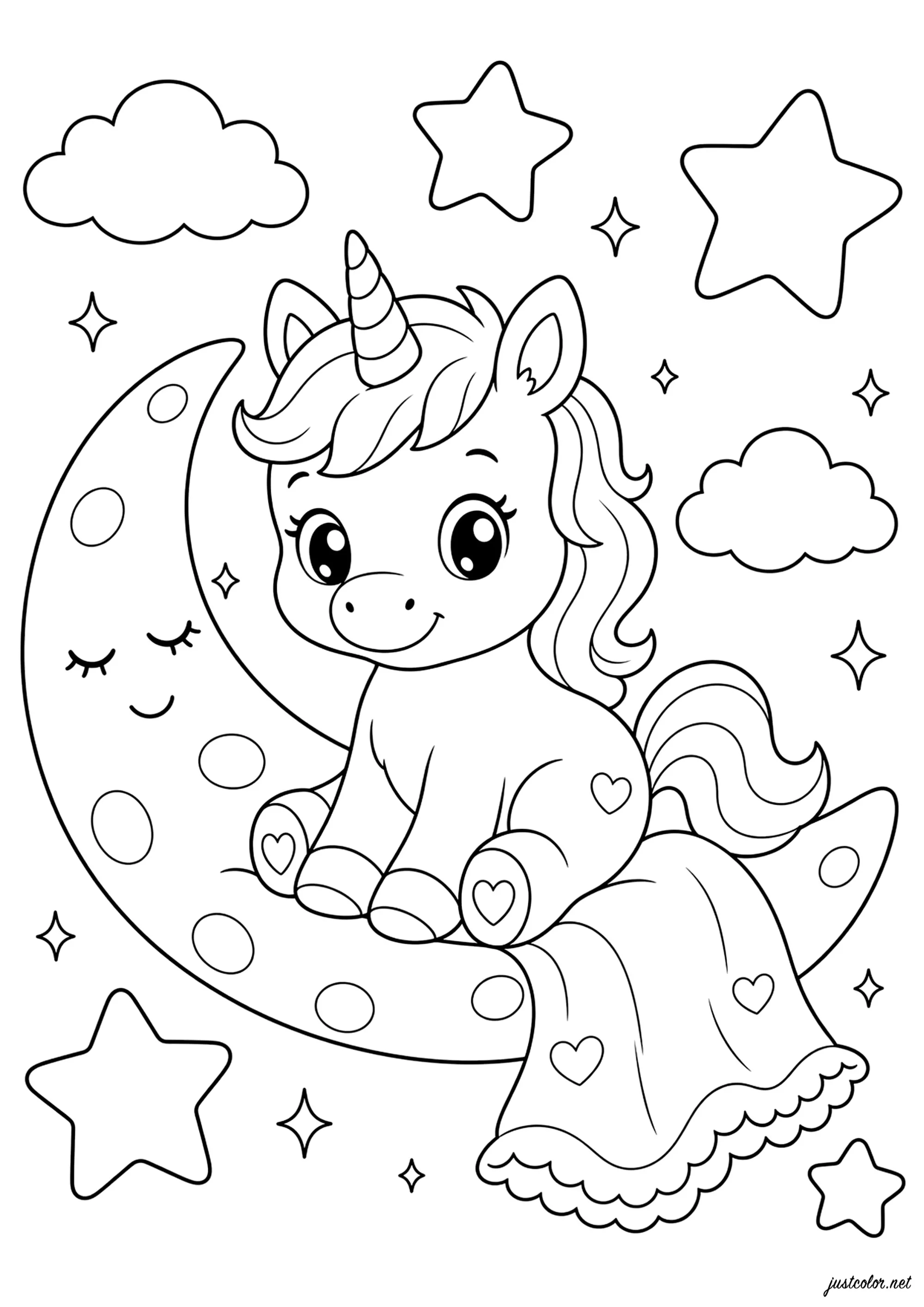 Licorne ao Luar (Página de Unicórnios para colorir e imprimir para crianças)