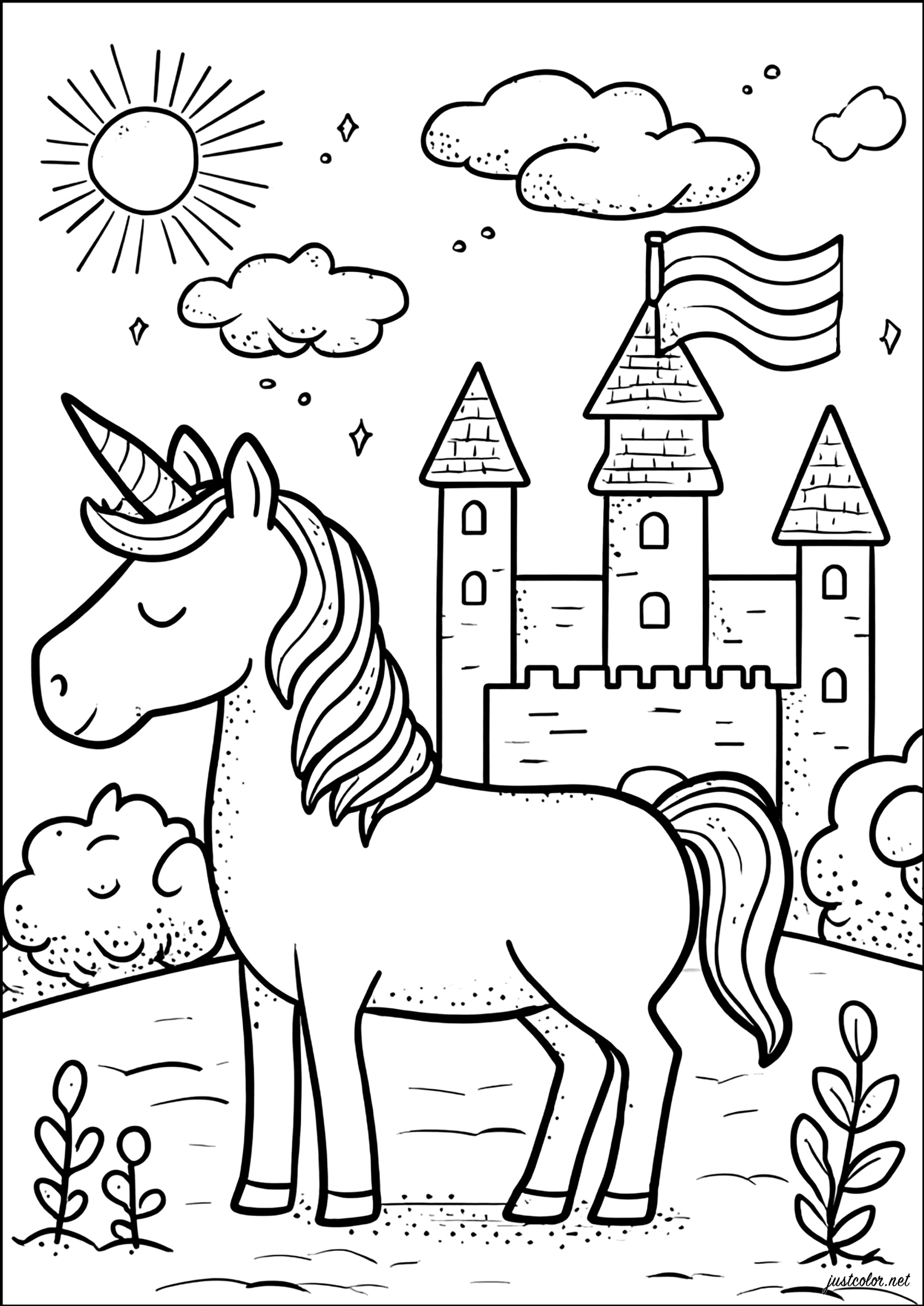 Castelo encantado e unicórnio mágico (Página para colorir e imprimir para crianças)