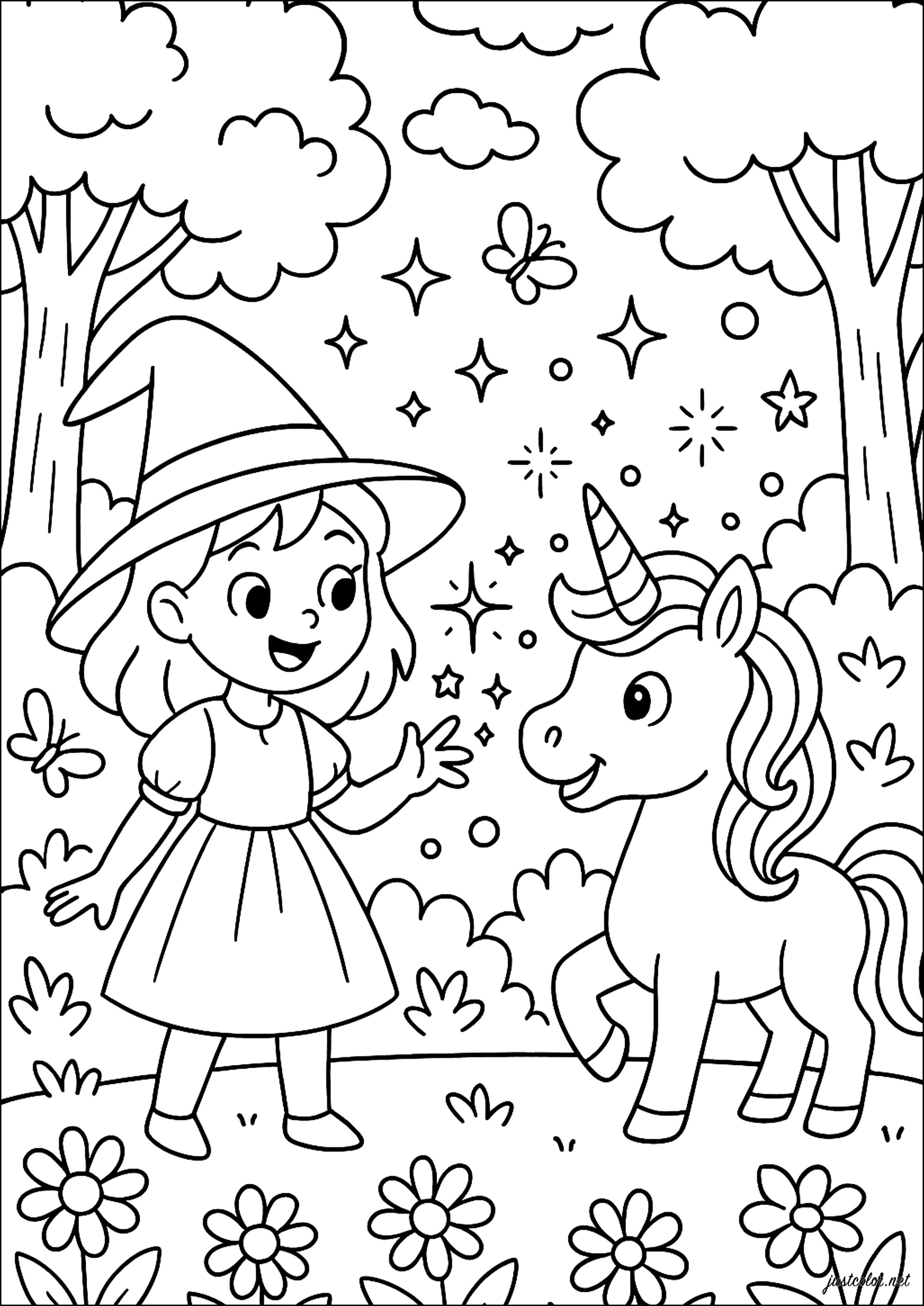 Unicórnio e sua amiga a bruxa (Página para colorir e imprimir para crianças)