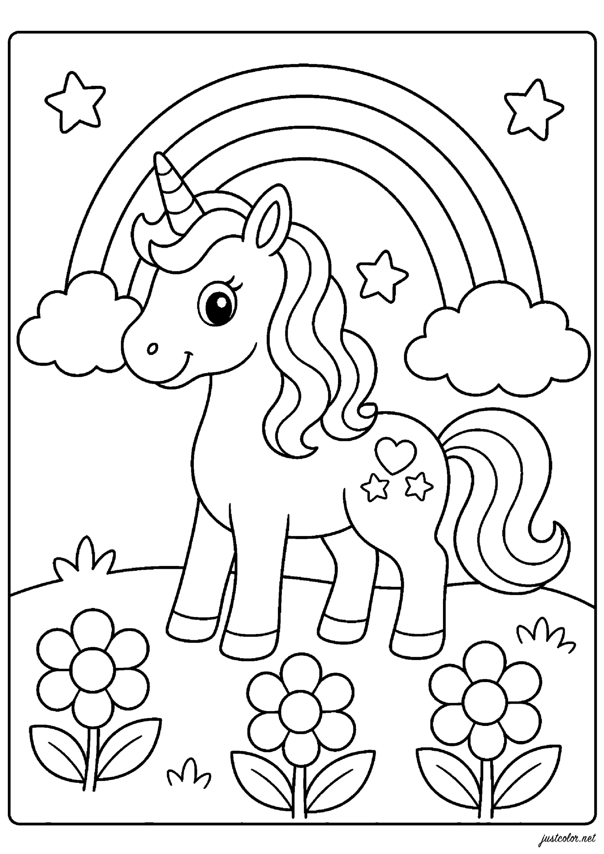 Bela unicórnio sob um arco-íris (Página para colorir e imprimir para crianças)