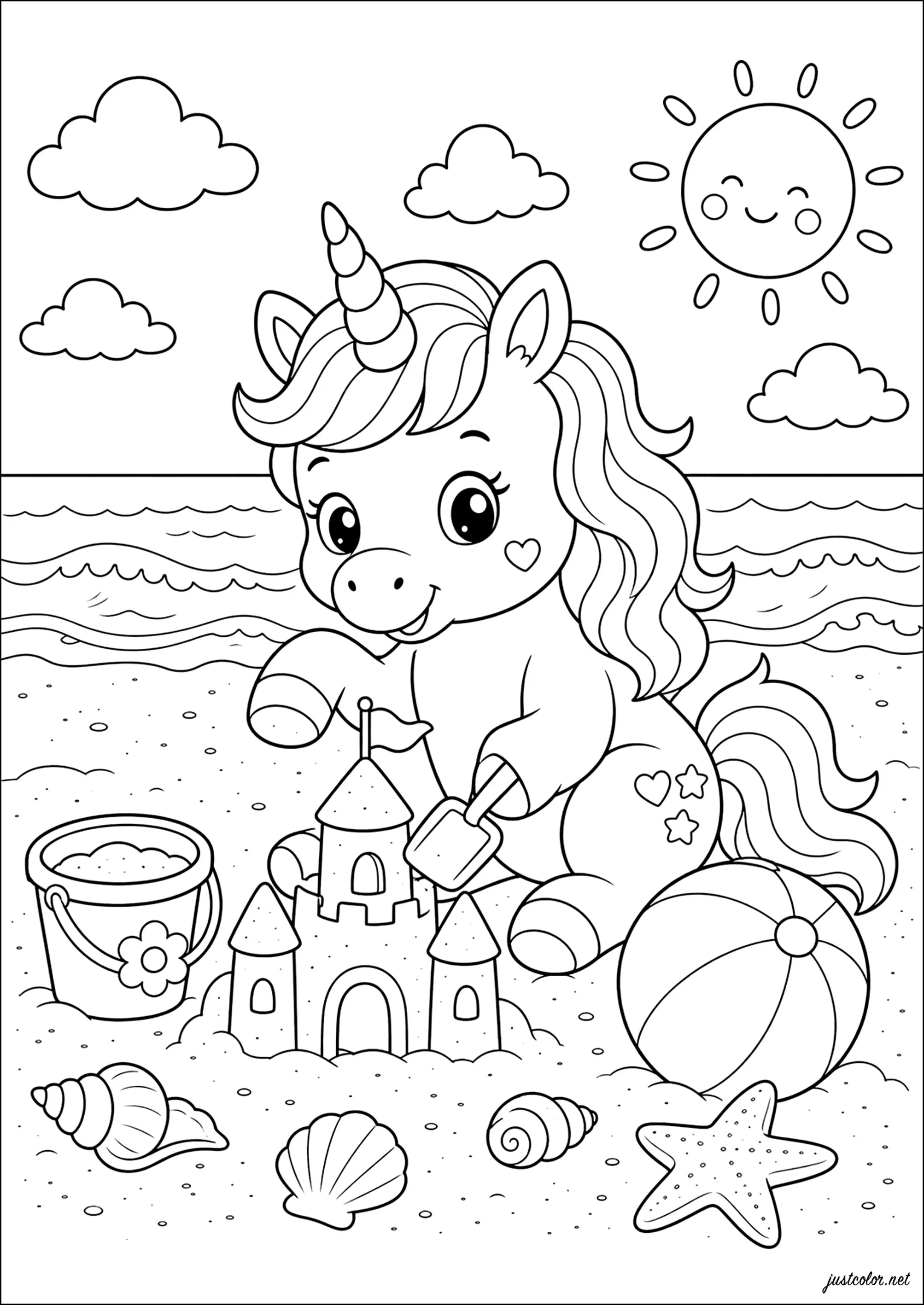 Aventura de um unicórnio à beira-mar (Página para colorir e imprimir para crianças)