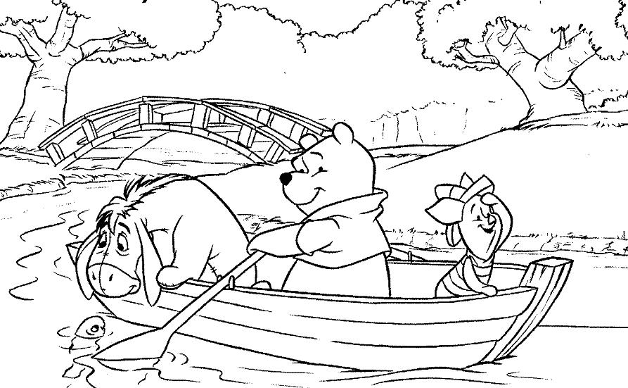 Foto gira de Winnie com Porky e Piglet num barco, para imprimir e colorir