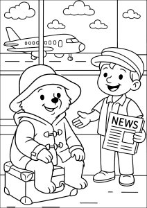 Chegada ao aeroporto (Página de Urso Paddington para colorir para crianças)
