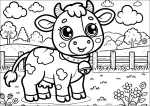 Página de para colorir e imprimir para crianças : Jolie Vaca num prado