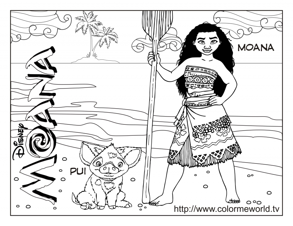 Cor nesta bela página de coloração da Vaiana (Moana) com as suas cores favoritas