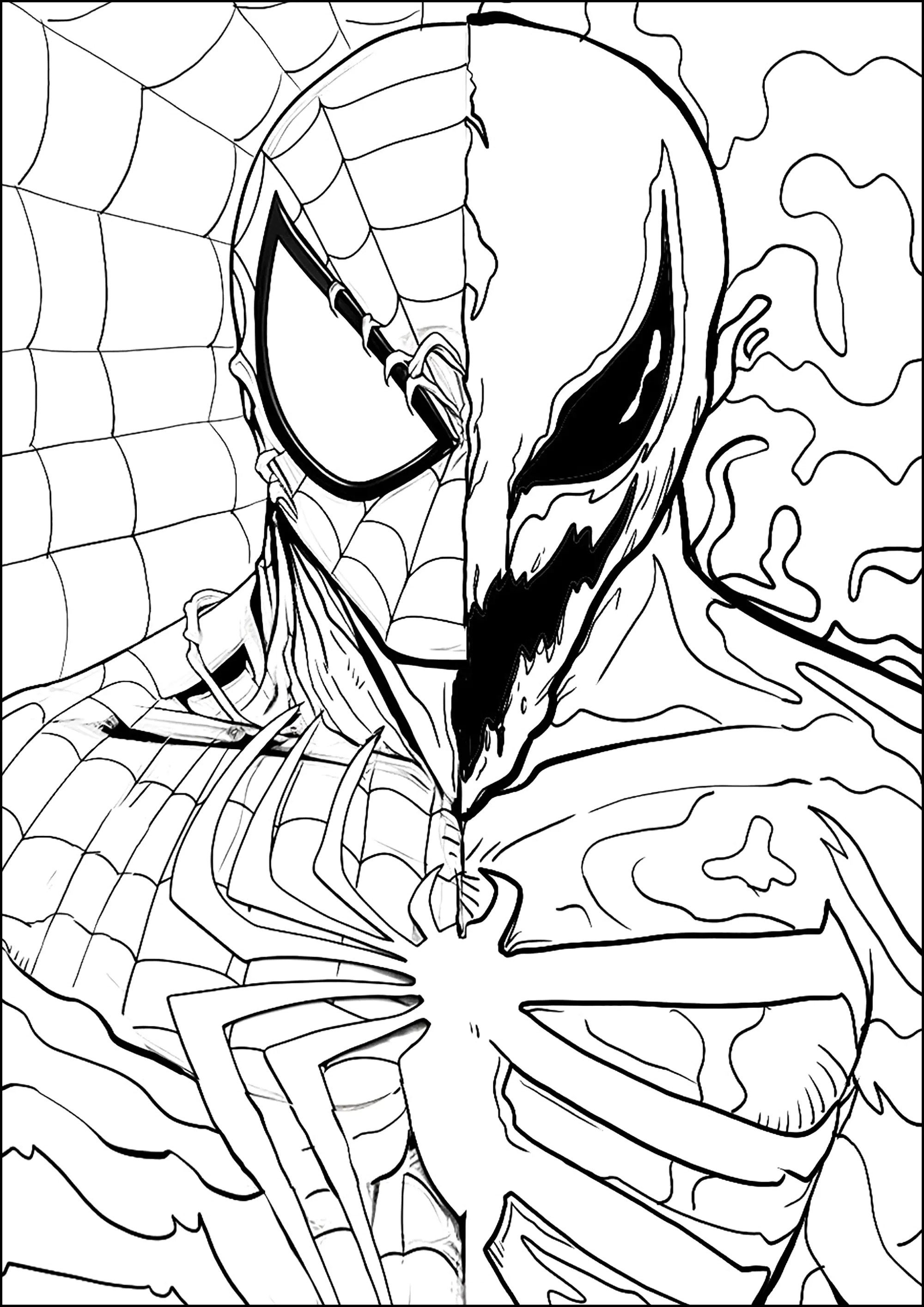 Banda desenhada do Homem-Aranha e do Venom (Página para colorir e imprimir para crianças)