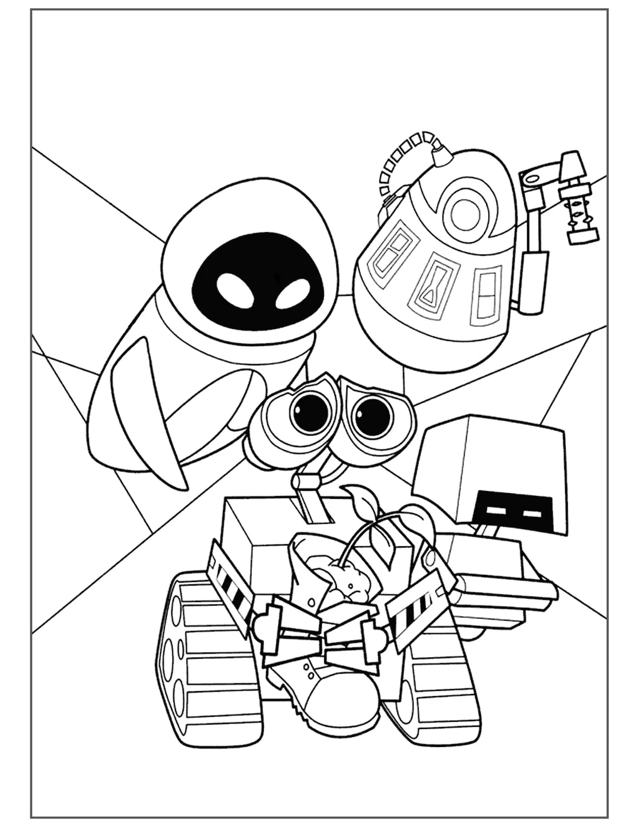 Quatro robots (Página de WALL·E: O Último a Limpar o Planeta para colorir e imprimir para crianças)