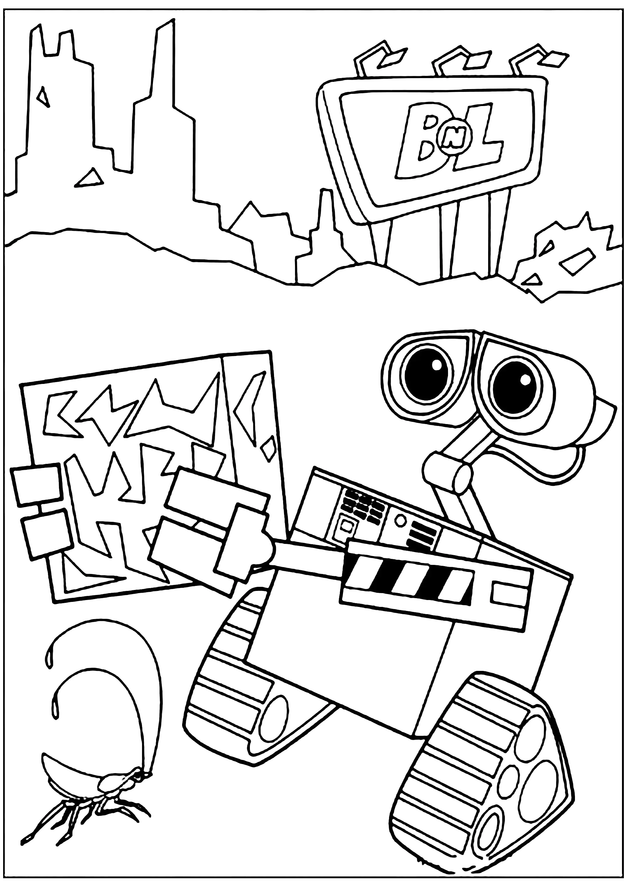 Wall-E a analisar um mapa (Página de WALL·E: O Último a Limpar o Planeta para colorir e imprimir para crianças)