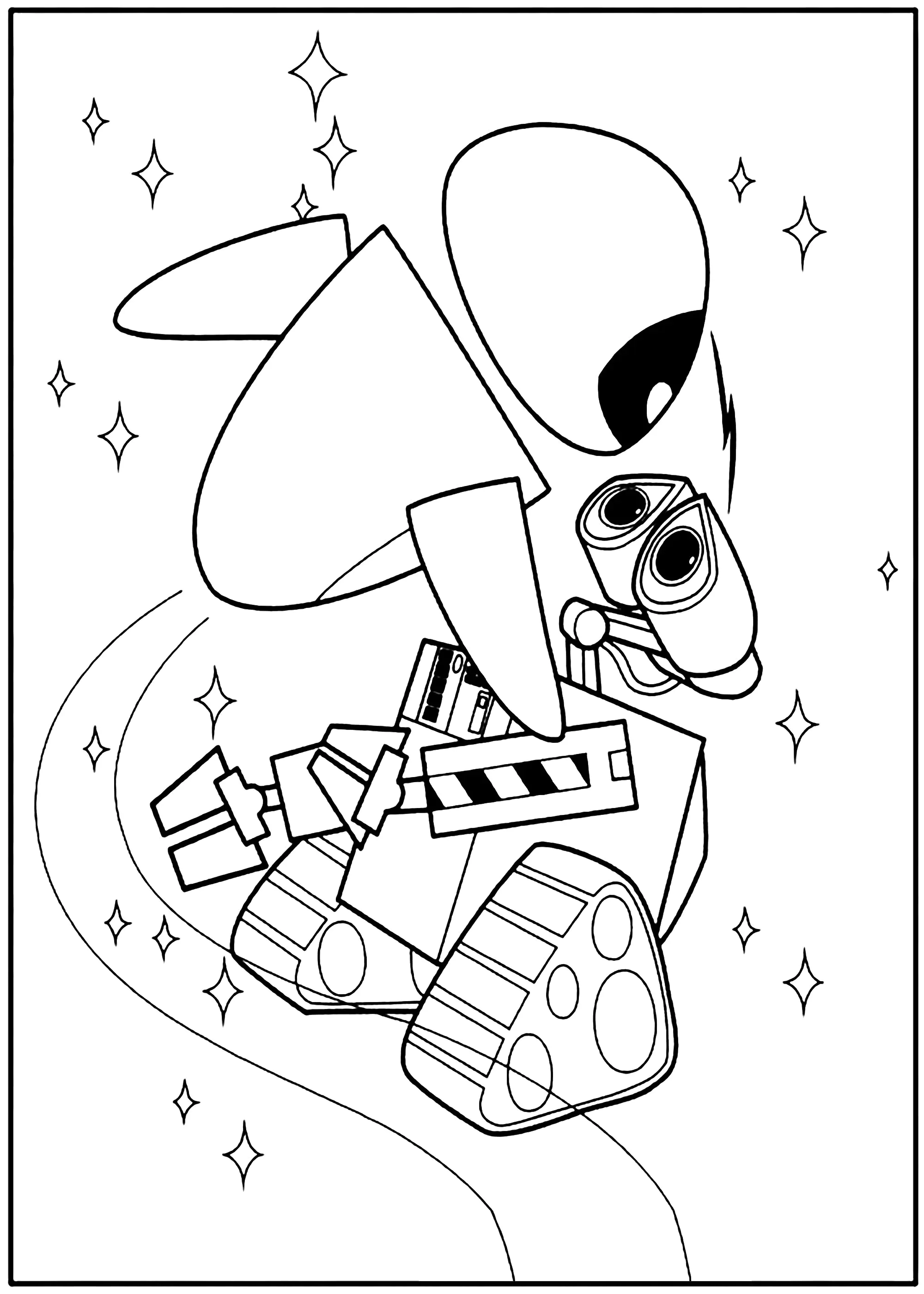 Wall-E e Eve no espaço (Página de WALL·E: O Último a Limpar o Planeta para colorir e imprimir para crianças)