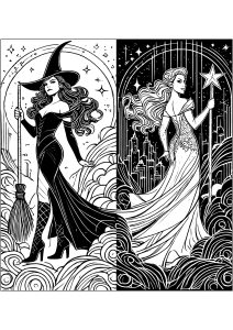 Página de Wicked para colorir e imprimir para crianças : Elphaba e Glinda: todos os contrastes