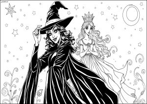 Página de Wicked para colorir e imprimir para crianças : Elphaba (A Bruxa do Oeste), com Glinda em segundo plano