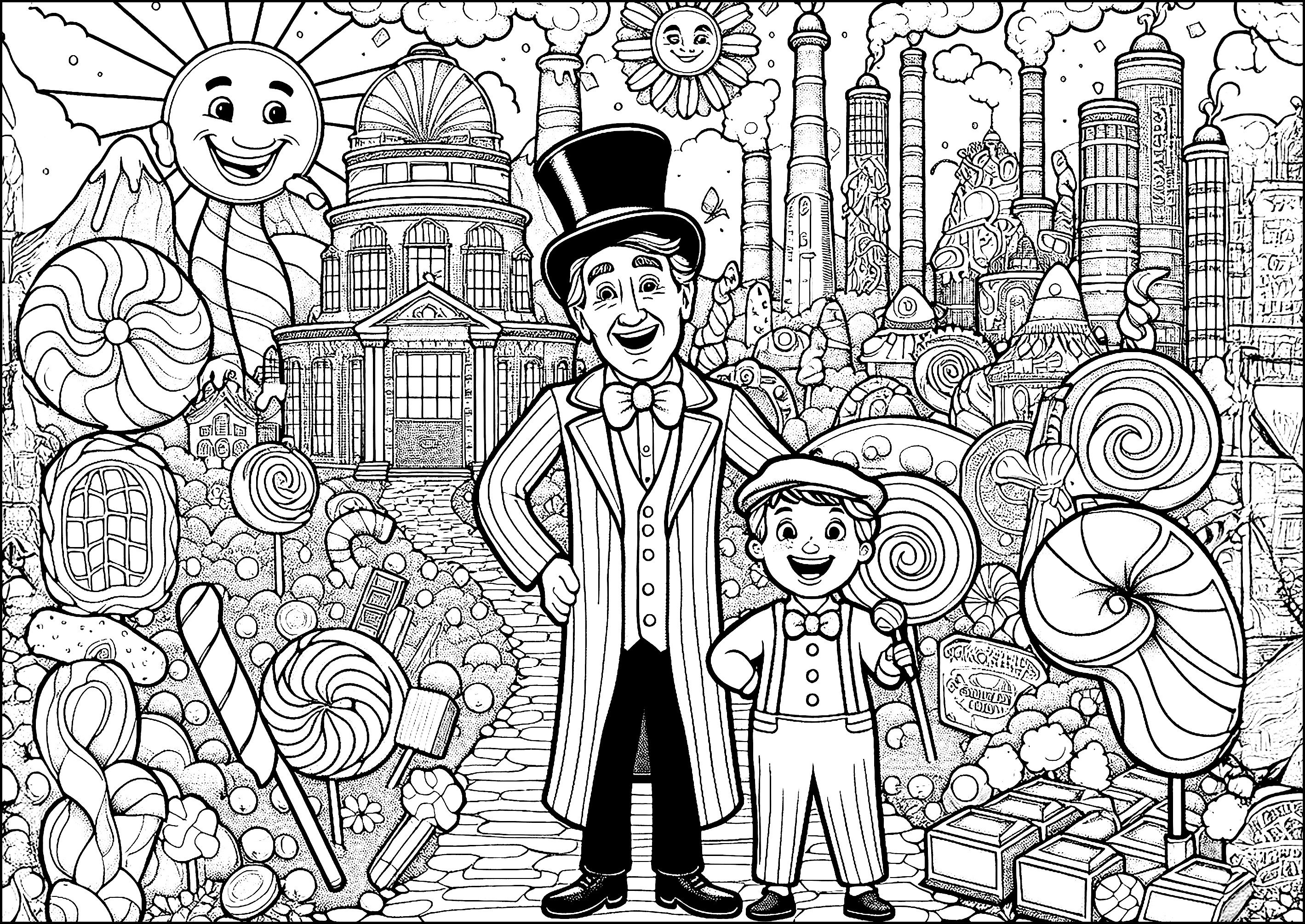 A fábrica mágica de chocolate (Página de Willy Wonka para colorir e imprimir para crianças)
