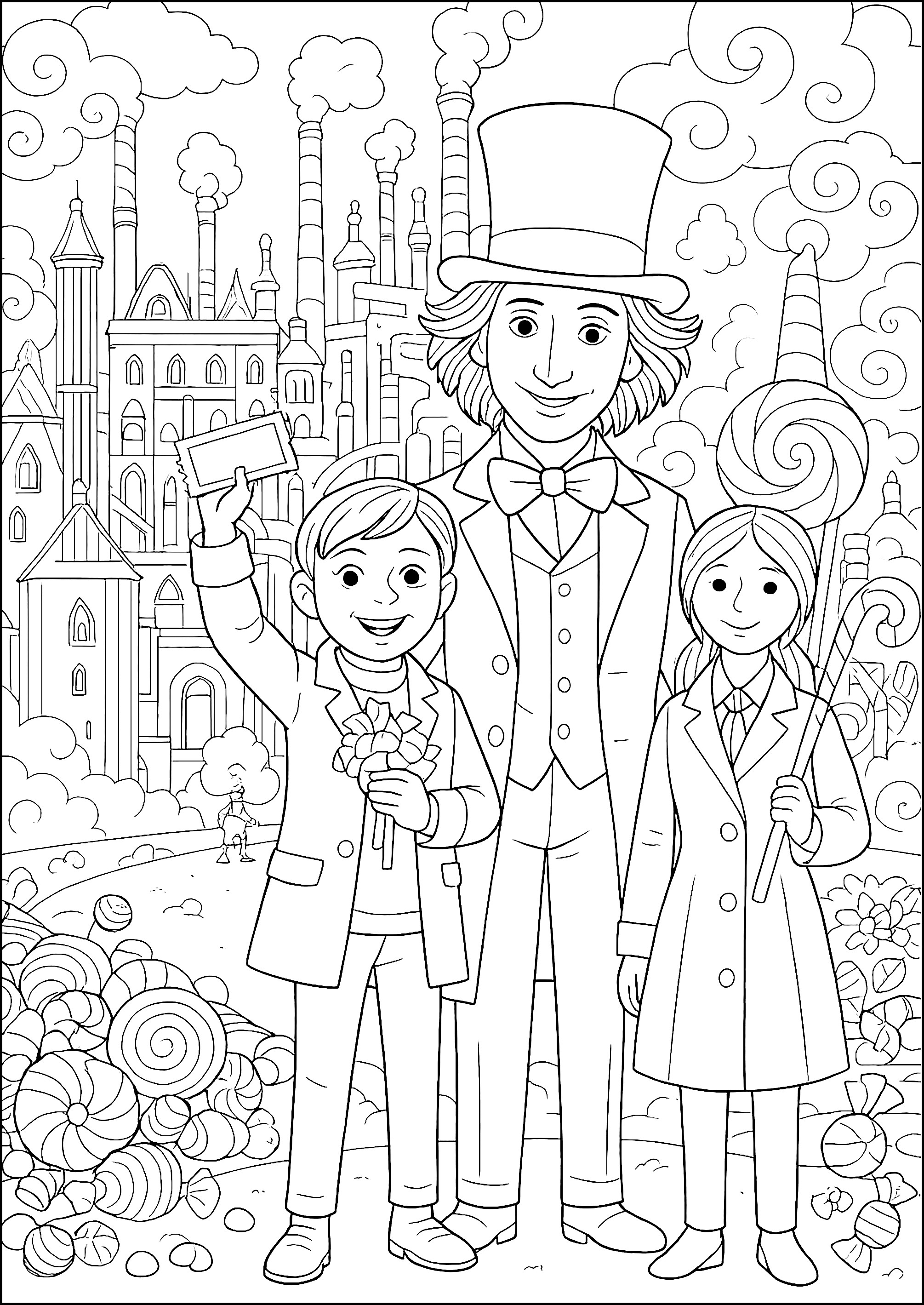 Willy Wonka e duas crianças (Página para colorir e imprimir para crianças)