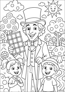 e a fábrica de chocolates (Página de Willy Wonka para colorir para crianças)