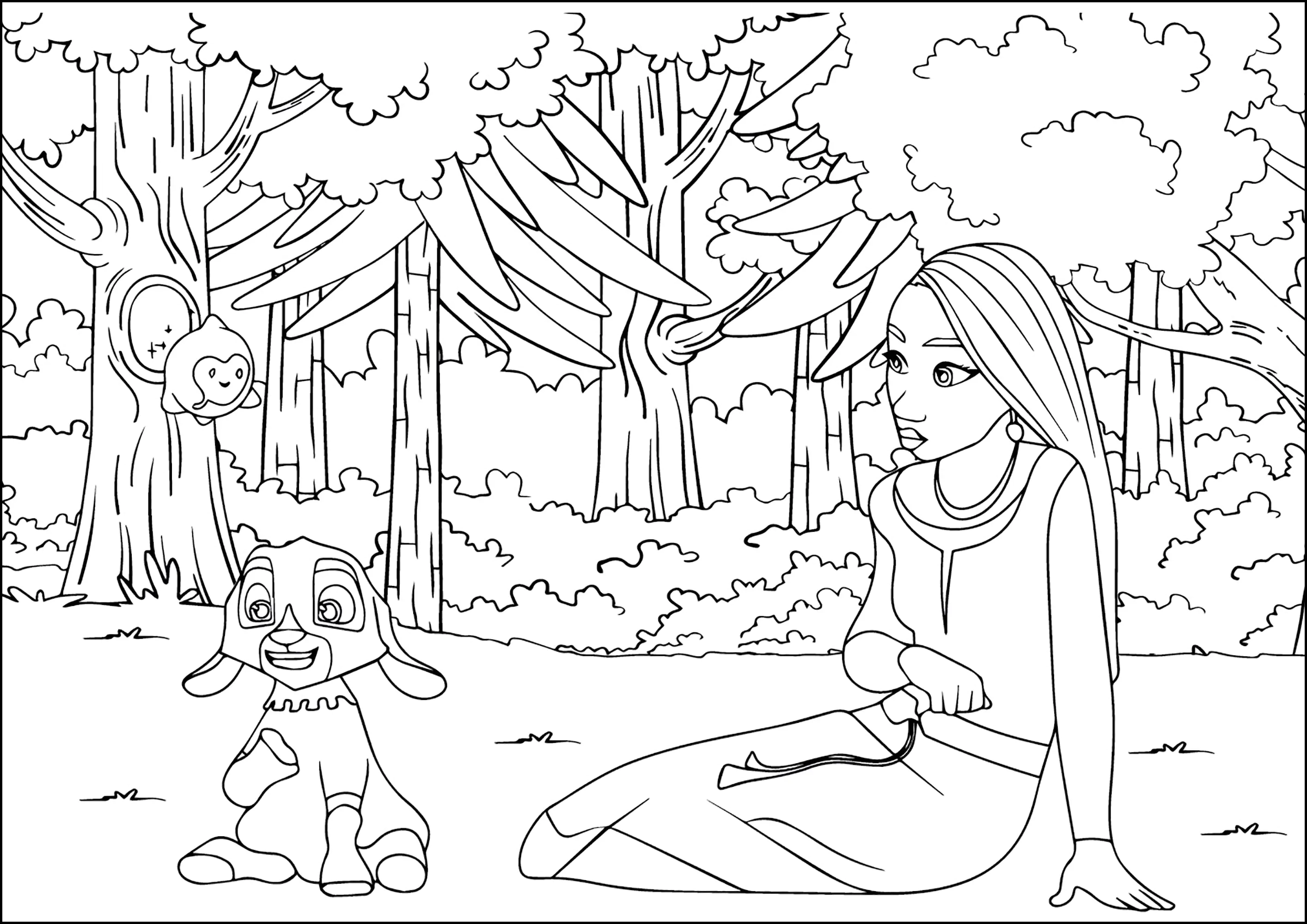 Asha e Valentino numa floresta (Página de Wish para colorir e imprimir para crianças)
