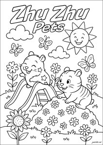 Adoráveis roedores em um parque (Página de Zhu Zhu Pets para colorir para crianças)