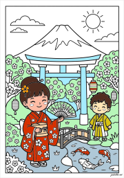 匿名 根据《Crianças de quimono perto de uma ponte, com o Monte Fuji ao fundo》创作