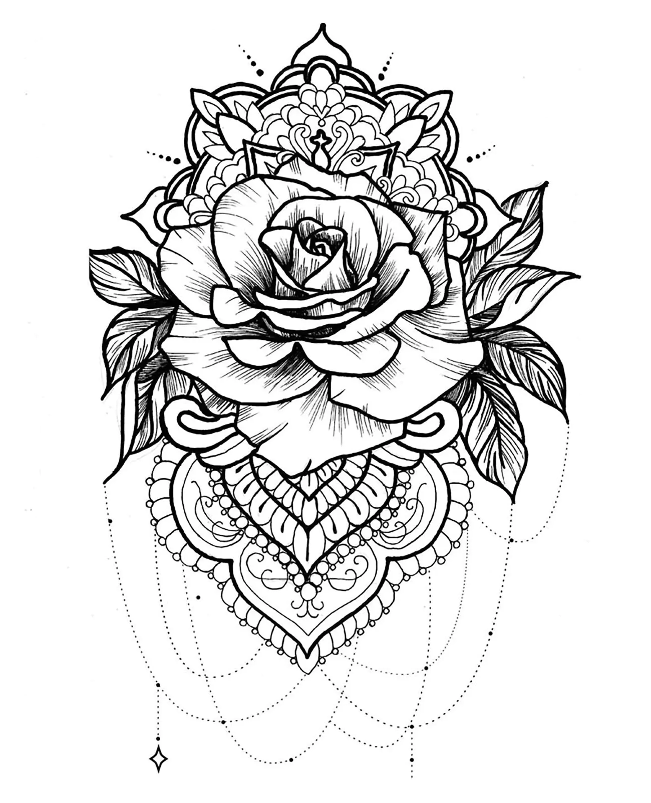 Mandala und Rose mit schönen Blütenblättern (Ausmalbild zum Ausdrucken und Ausmalen für Erwachsene)