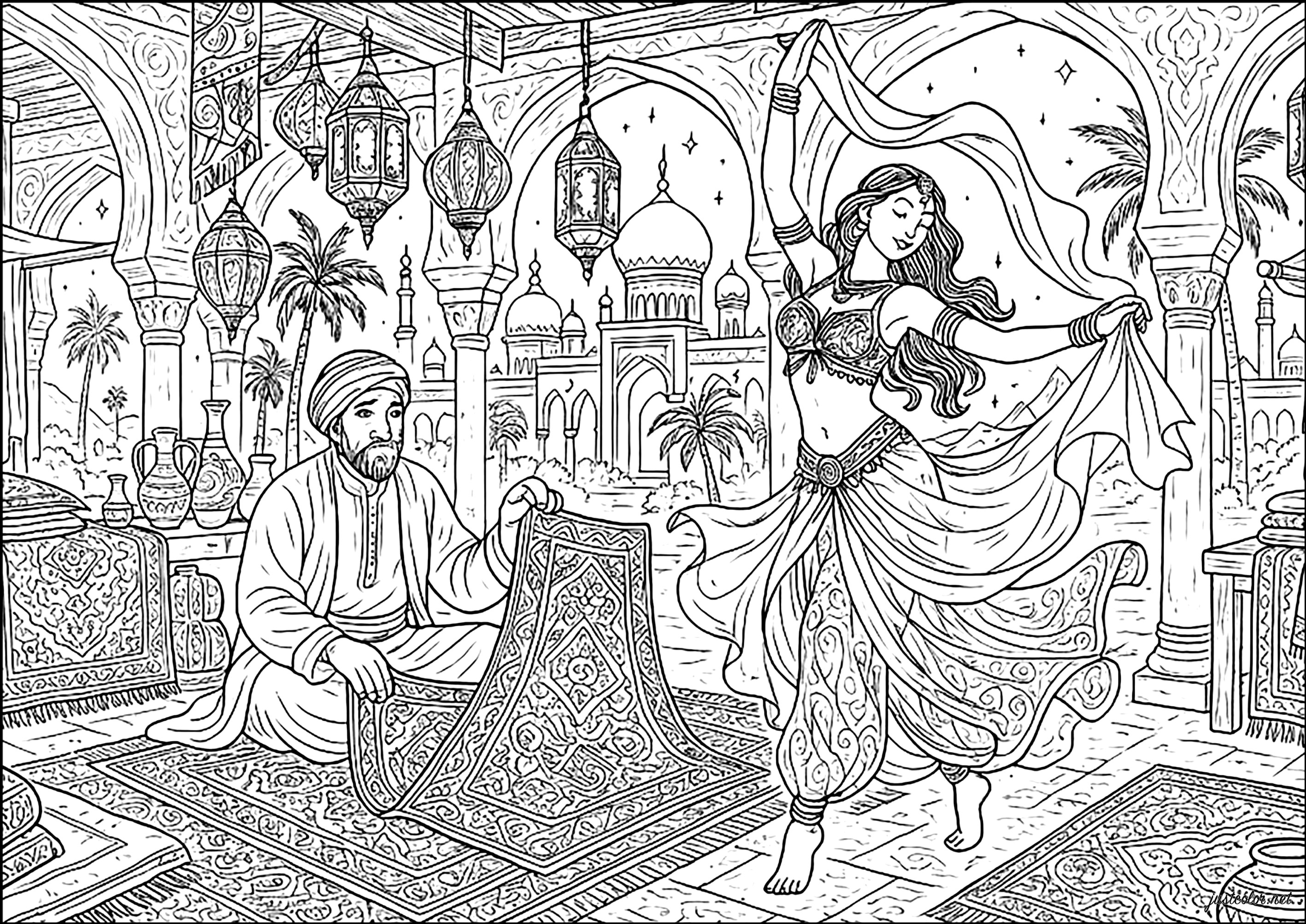 Tanzen und Teppiche auf einem Souk verkaufen (Ausmalbild von Rachel zum Ausdrucken und Ausmalen für Erwachsene)