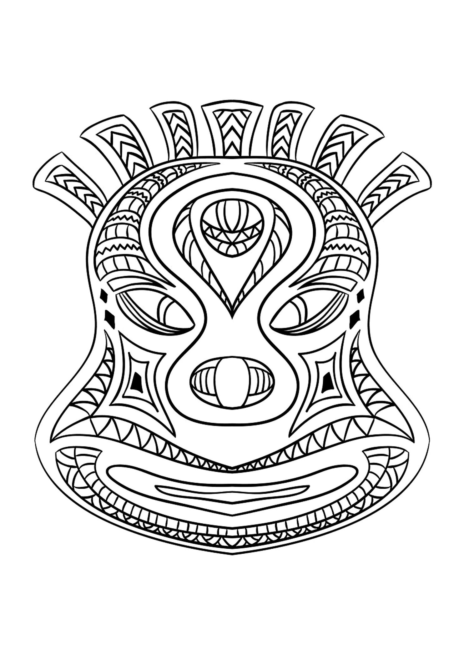 Afrikanische Maske verziert mit geometrischen Mustern (Ausmalbild von Afrika zum Ausdrucken und Ausmalen für Erwachsene)