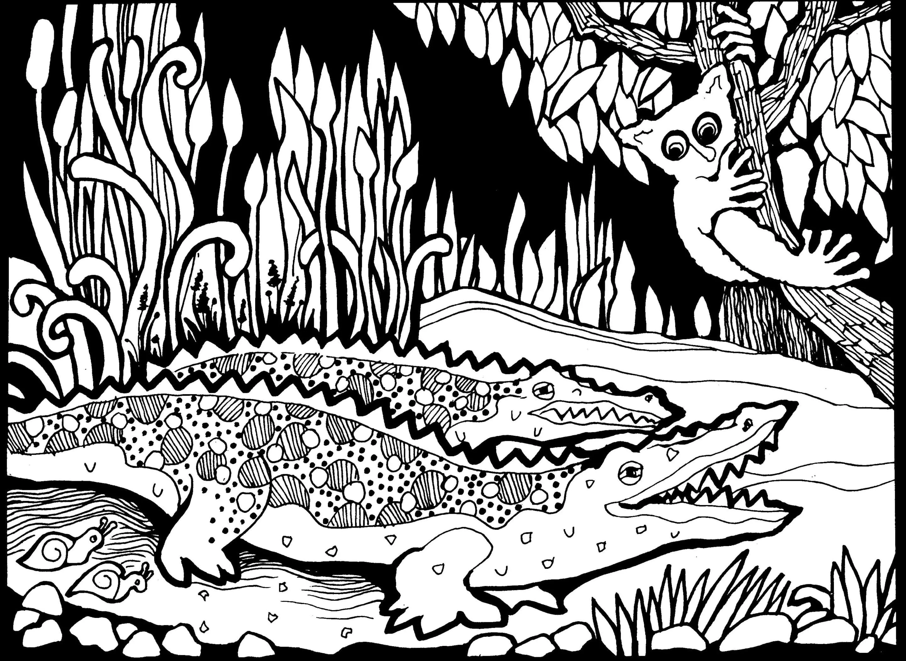 Krokodile betrachten ein seltsames Wesen in einem Baum (Ausmalbild von Afrika zum Ausdrucken und Ausmalen für Erwachsene)
