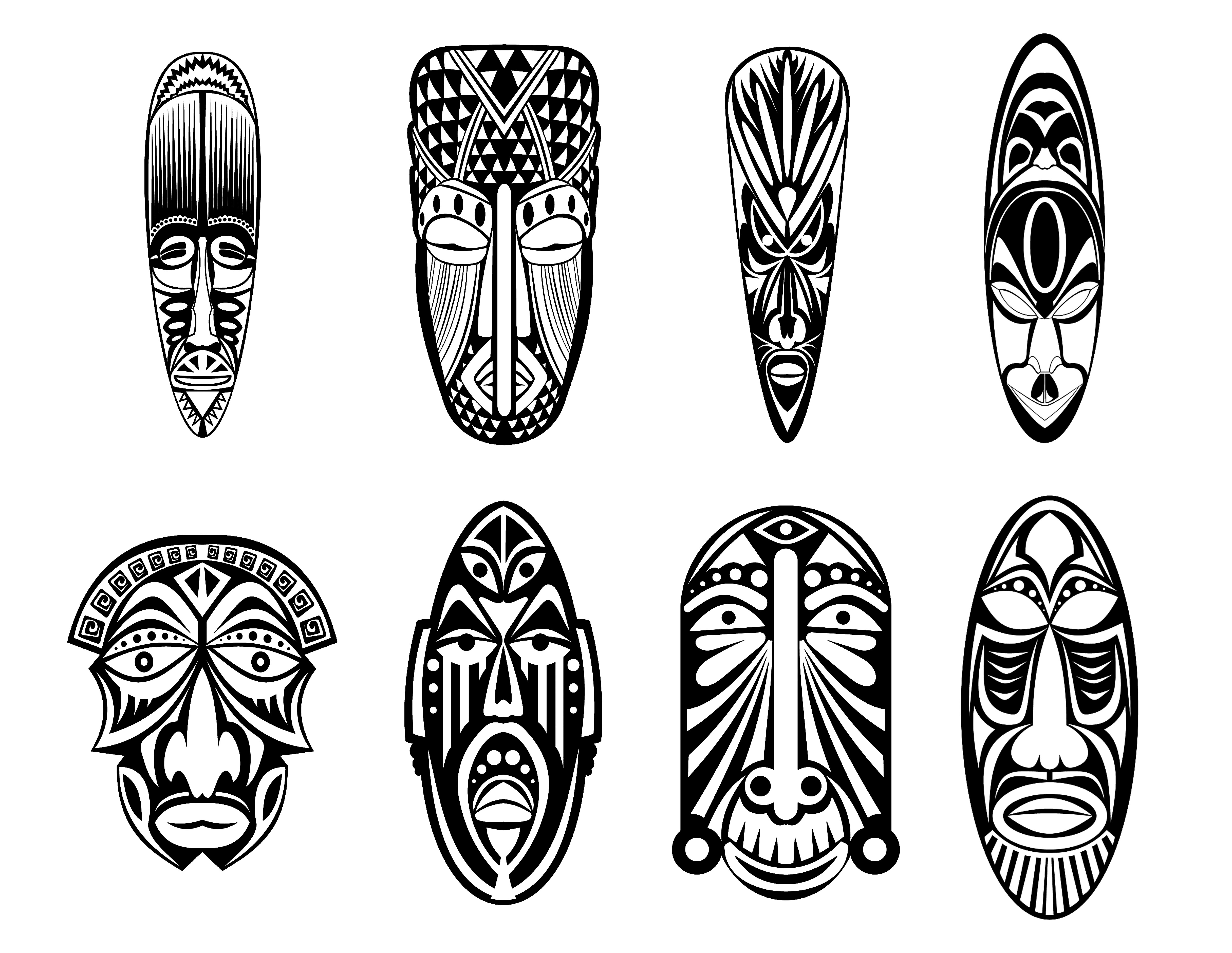 12 verschiedene afrikanische Masken zum Ausmalen