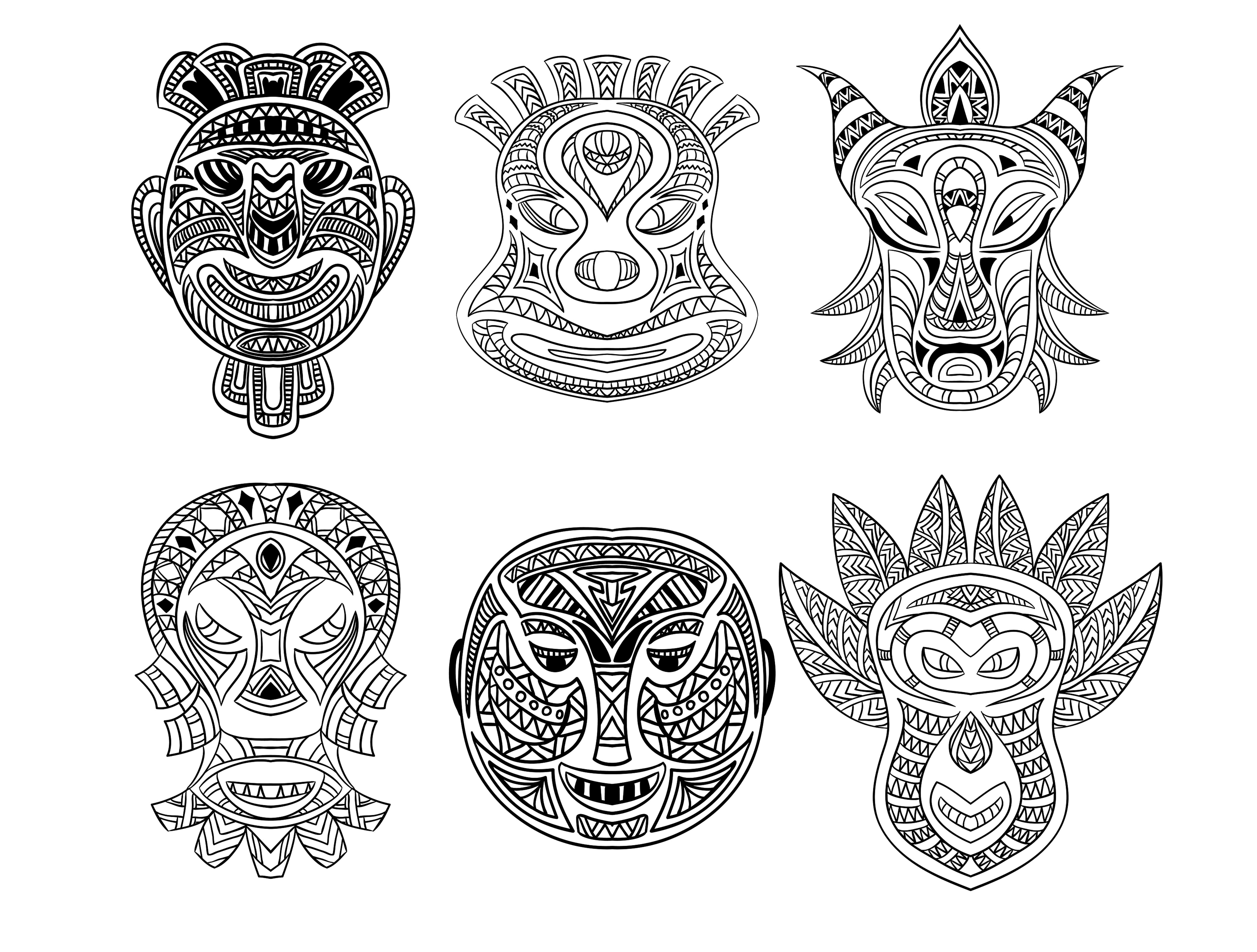 Sechs afrikanische Masken zum Ausmalen. Masken in verschiedenen Formen und Mustern Sechs afrikanische Masken zum Ausmalen. Masken in verschiedenen Formen und Mustern