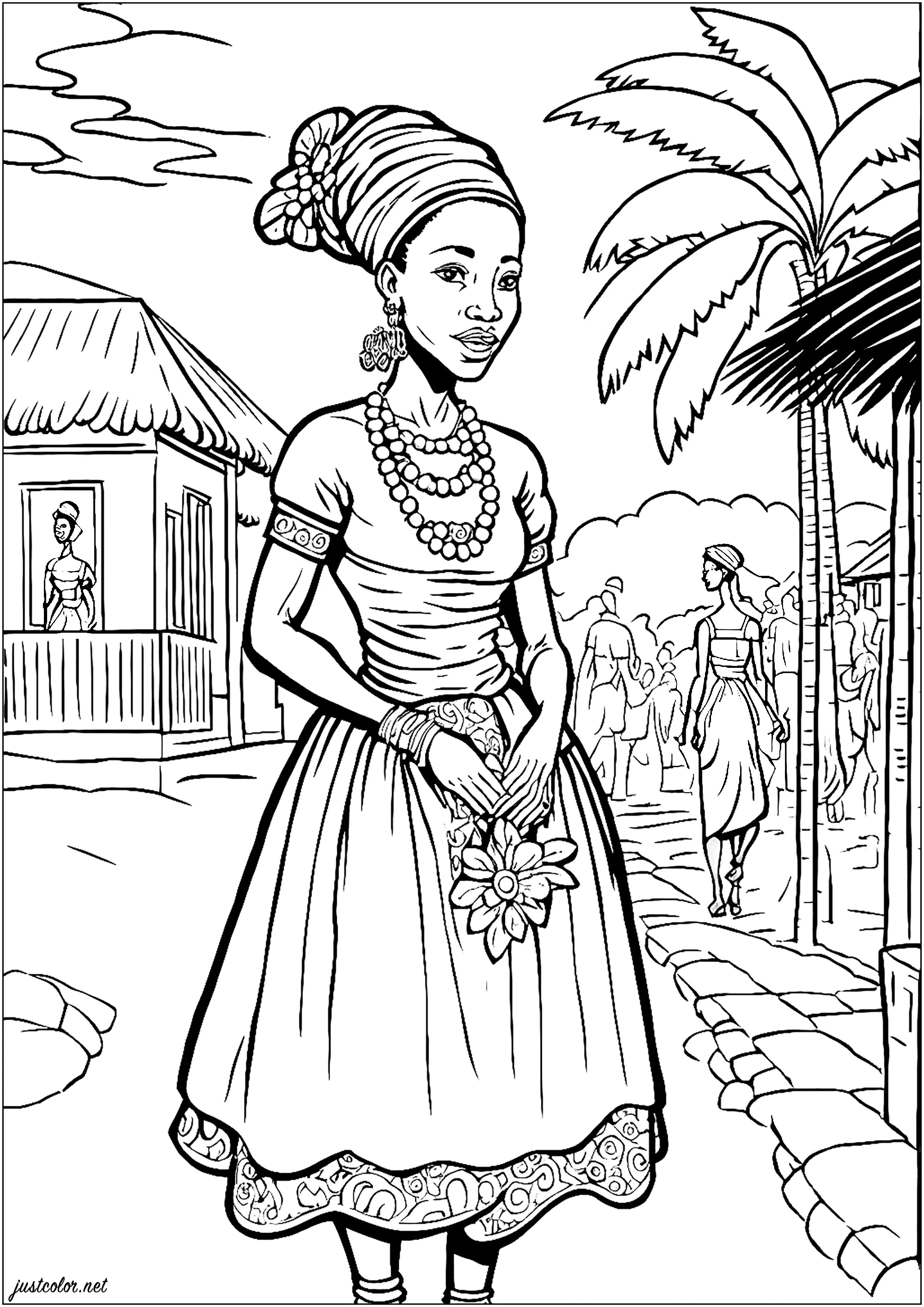 Junge Frau in einem afrikanischen Dorf (Ausmalbild von Afrika zum Ausdrucken und Ausmalen für Erwachsene)