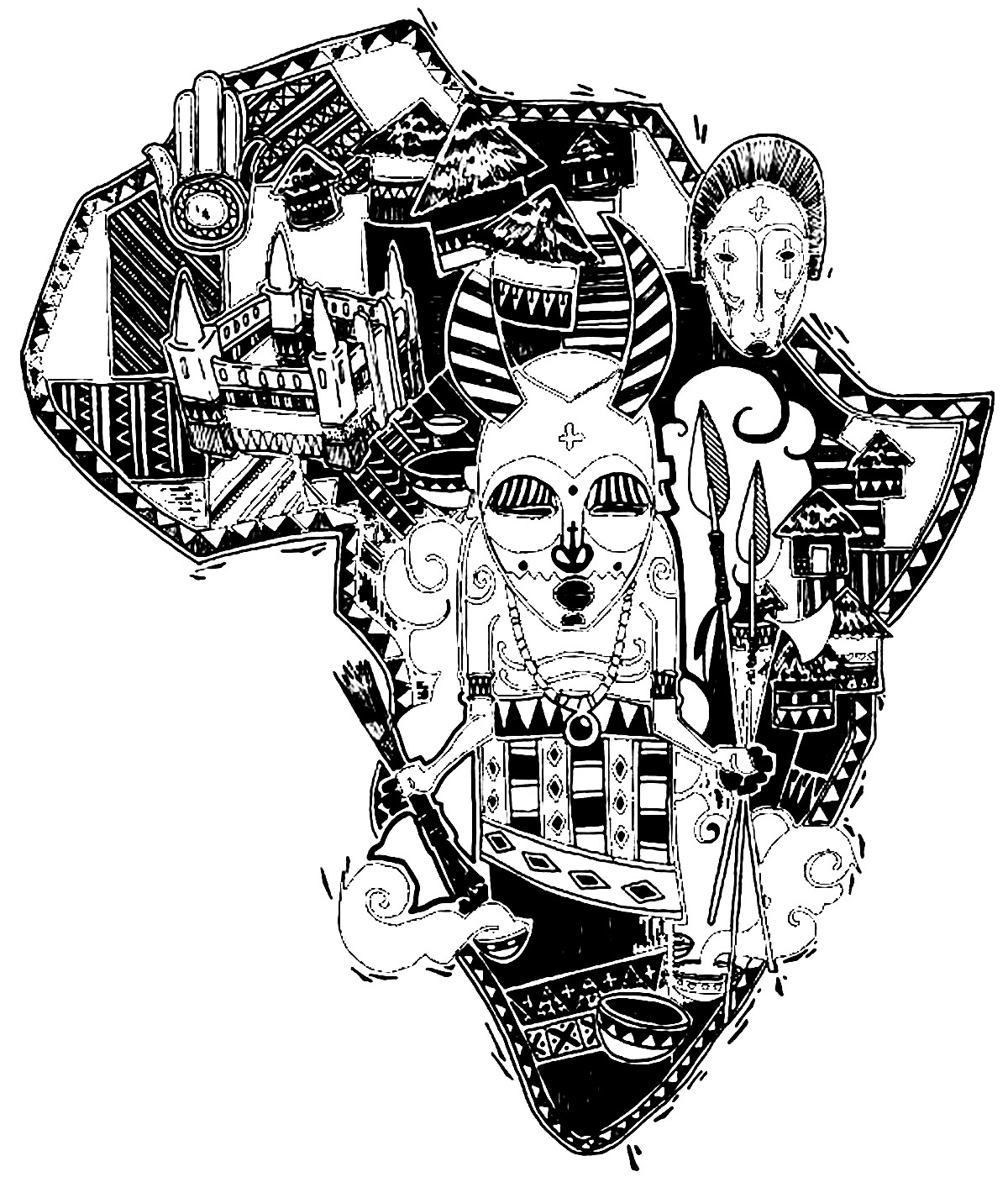 Die Karte des afrikanischen Kontinents und ihre Symbole (Ausmalbild von Afrika zum Ausdrucken und Ausmalen für Erwachsene)