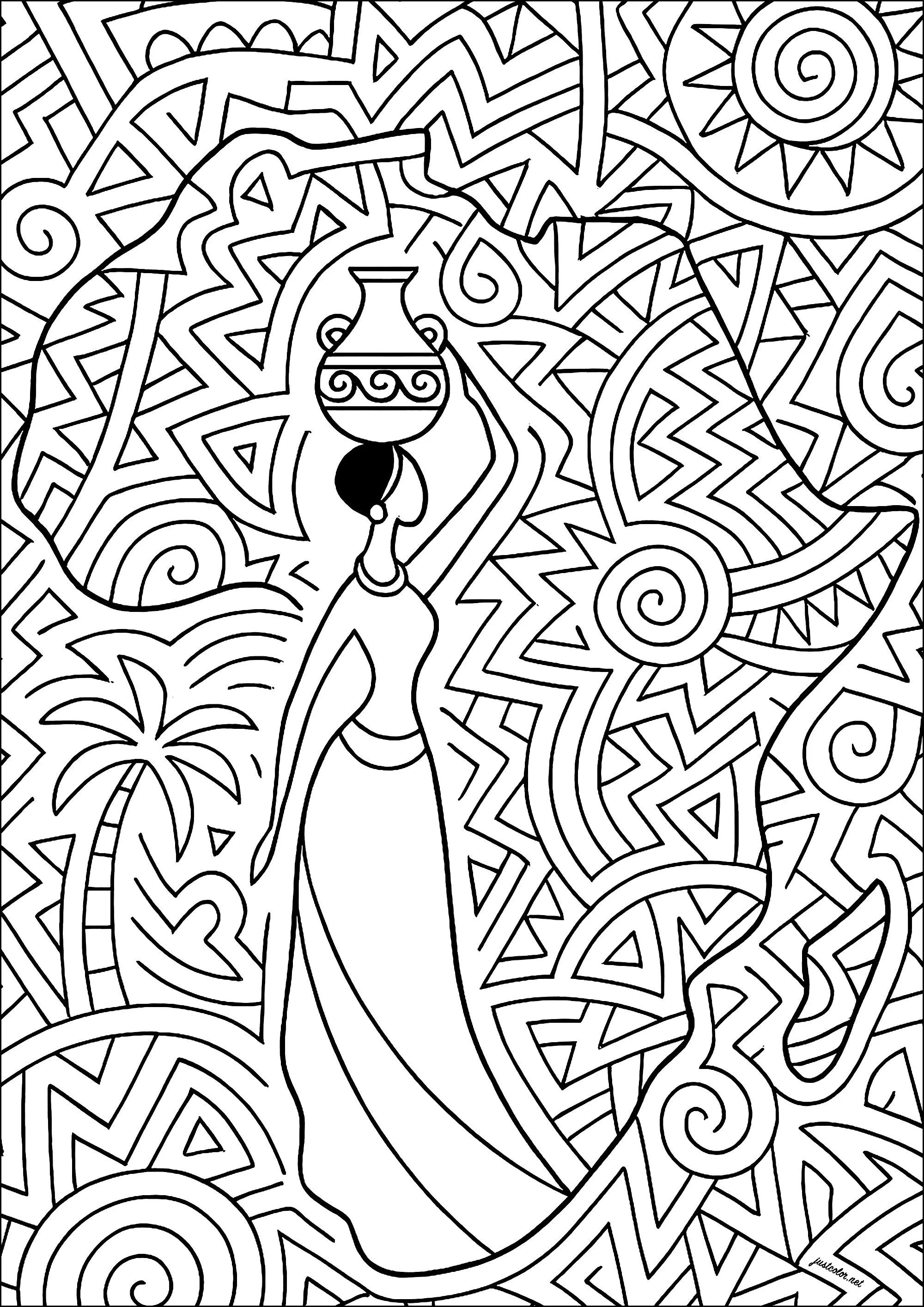 Afrikanische Frau, afrikanischer Kontinent und schöne Muster (Ausmalbild von Afrika zum Ausdrucken und Ausmalen für Erwachsene)