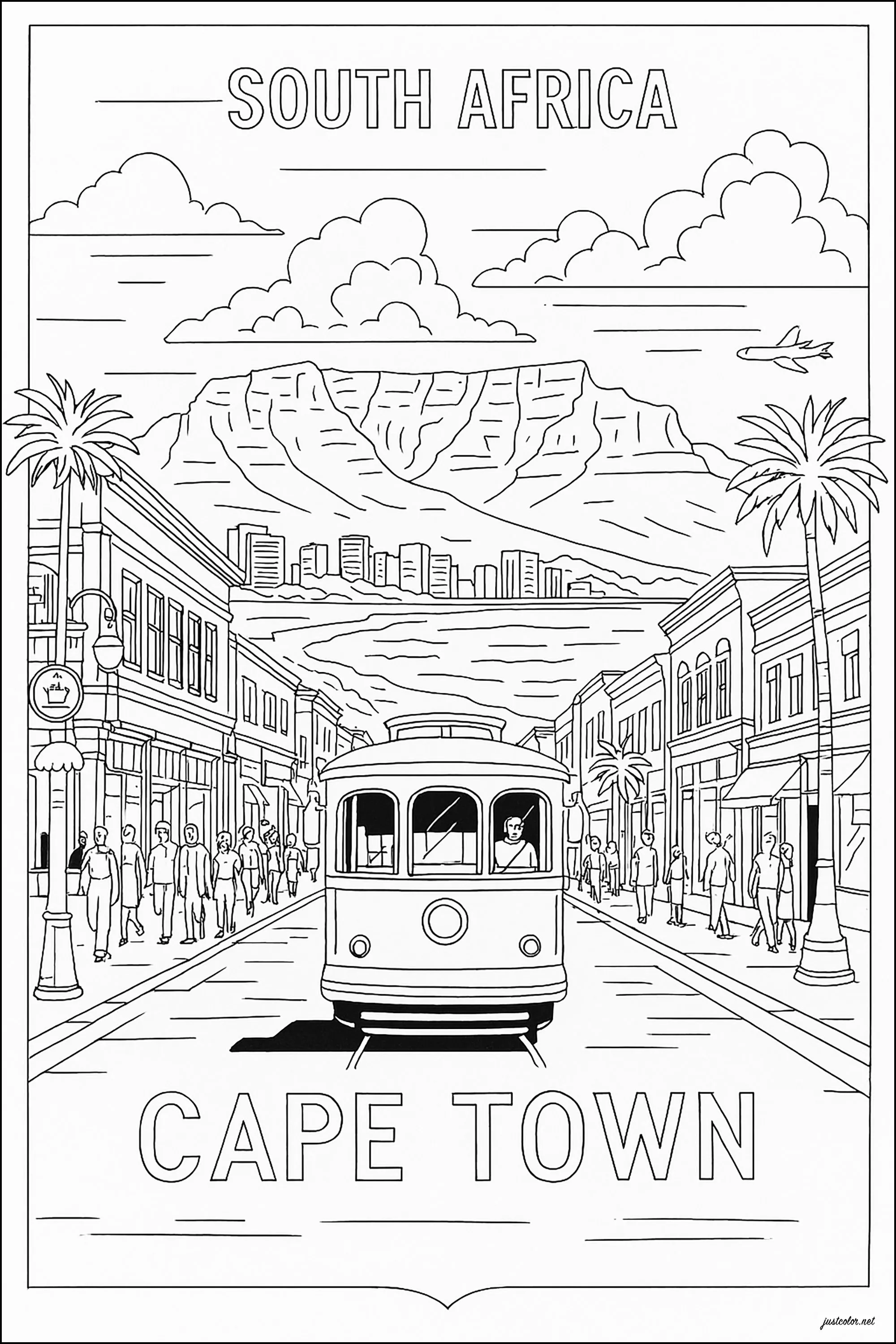 Kapstadt: Straßenbahn, Haus und Landschaft (Ausmalbild von Afrika zum Ausdrucken und Ausmalen für Erwachsene)