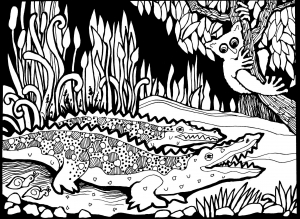 Krokodile betrachten ein seltsames Wesen in einem Baum (Ausmalbild von Afrika)