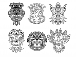 6 afrikanische Masken (Ausmalbild von Afrika)