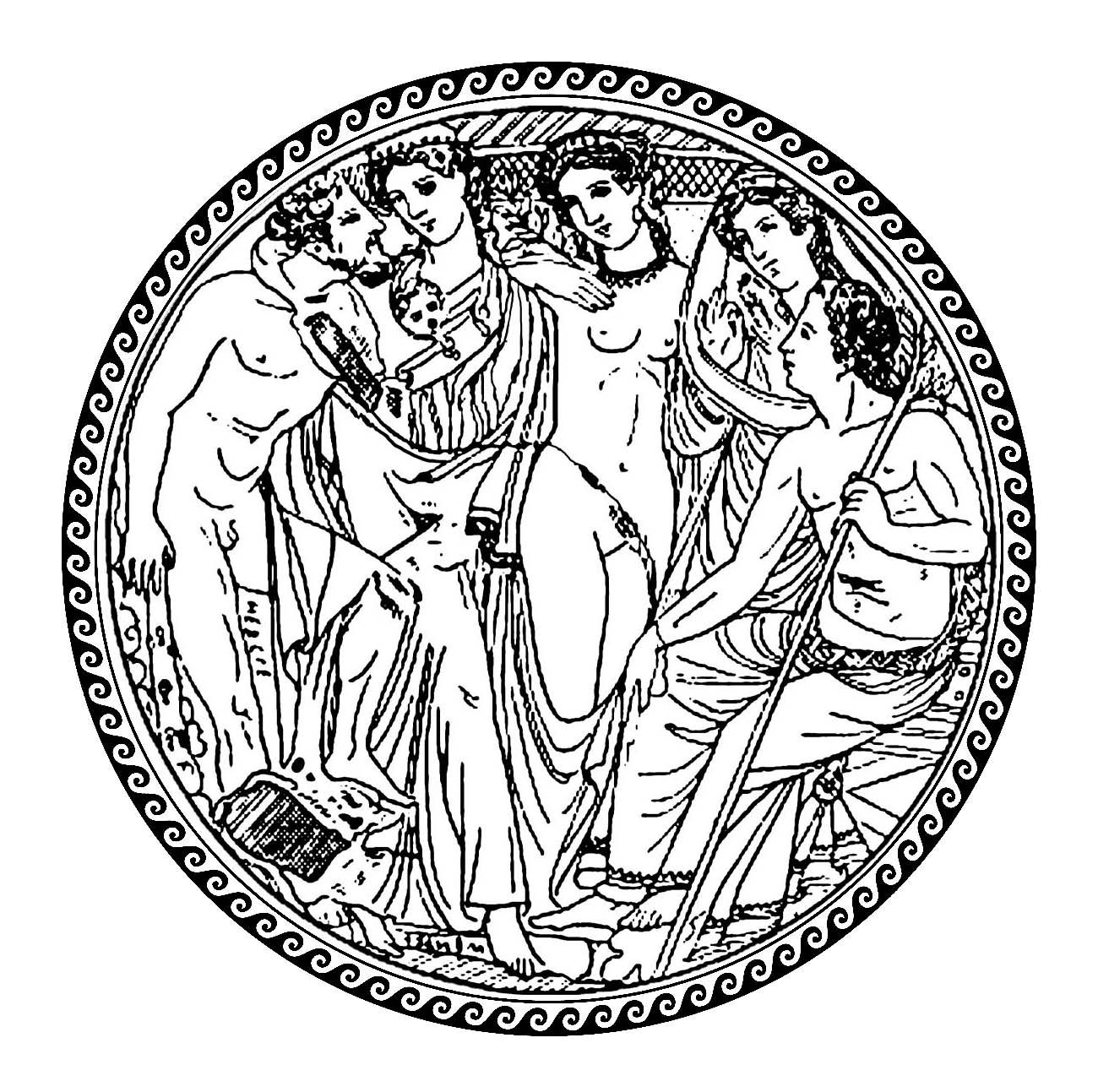 Hebe und Herakles, in einem Kreis mit traditionellen griechischen Mustern - 2 (Ausmalbild von Altes Griechenland zum Ausdrucken und Ausmalen für Erwachsene)