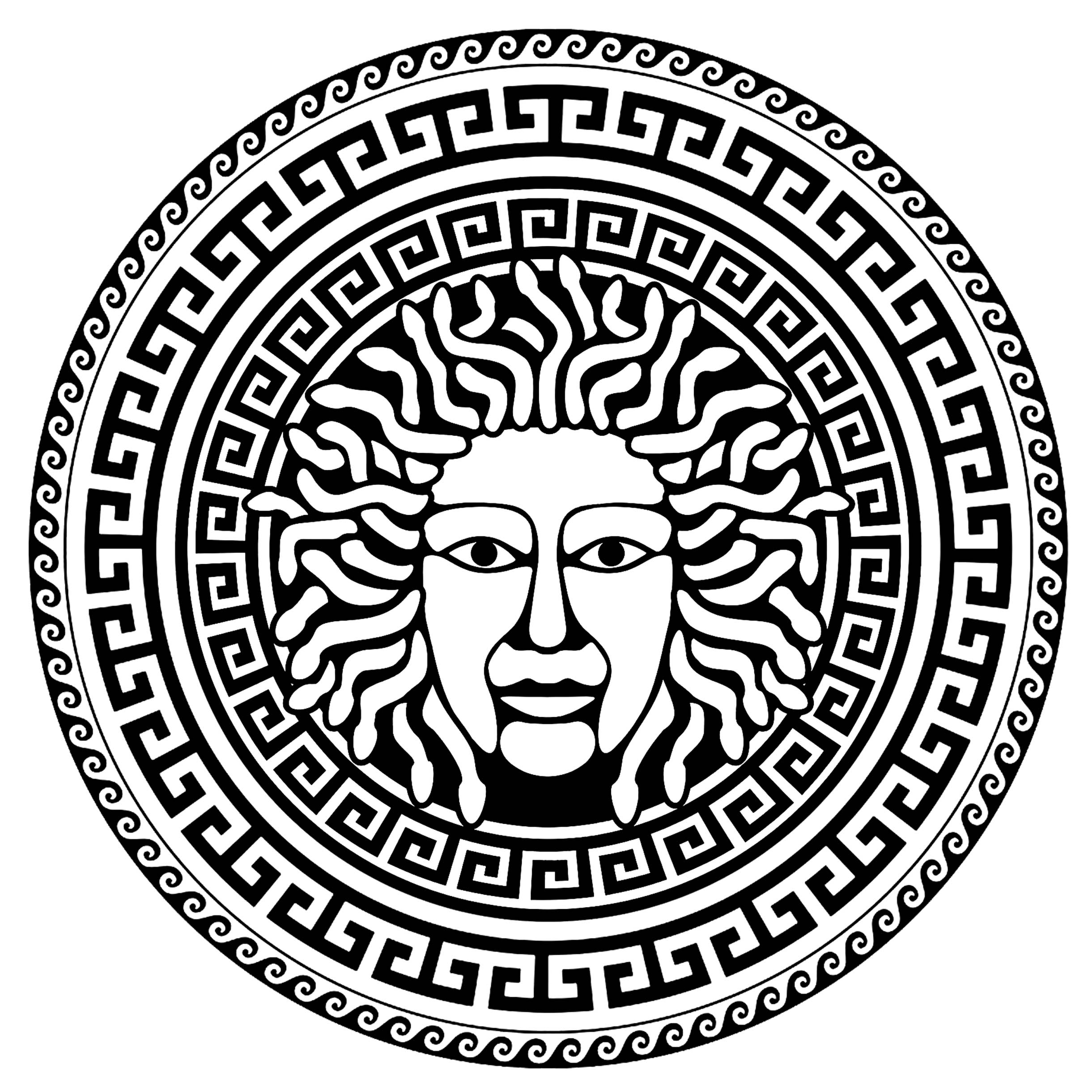 Medusa in der Mitte eines Kreises mit typisch griechischen Motiven - 2. Medusa ist eine der drei Gorgonen der griechischen Mythologie, berühmt für ihr schlangenartiges Haar und ihren versteinernden Blick. Der Legende nach wurde sie von dem Helden Perseus enthauptet, der ihre Kraft nutzte, um seine Feinde zu besiegen, Künstler : Art'Isabelle